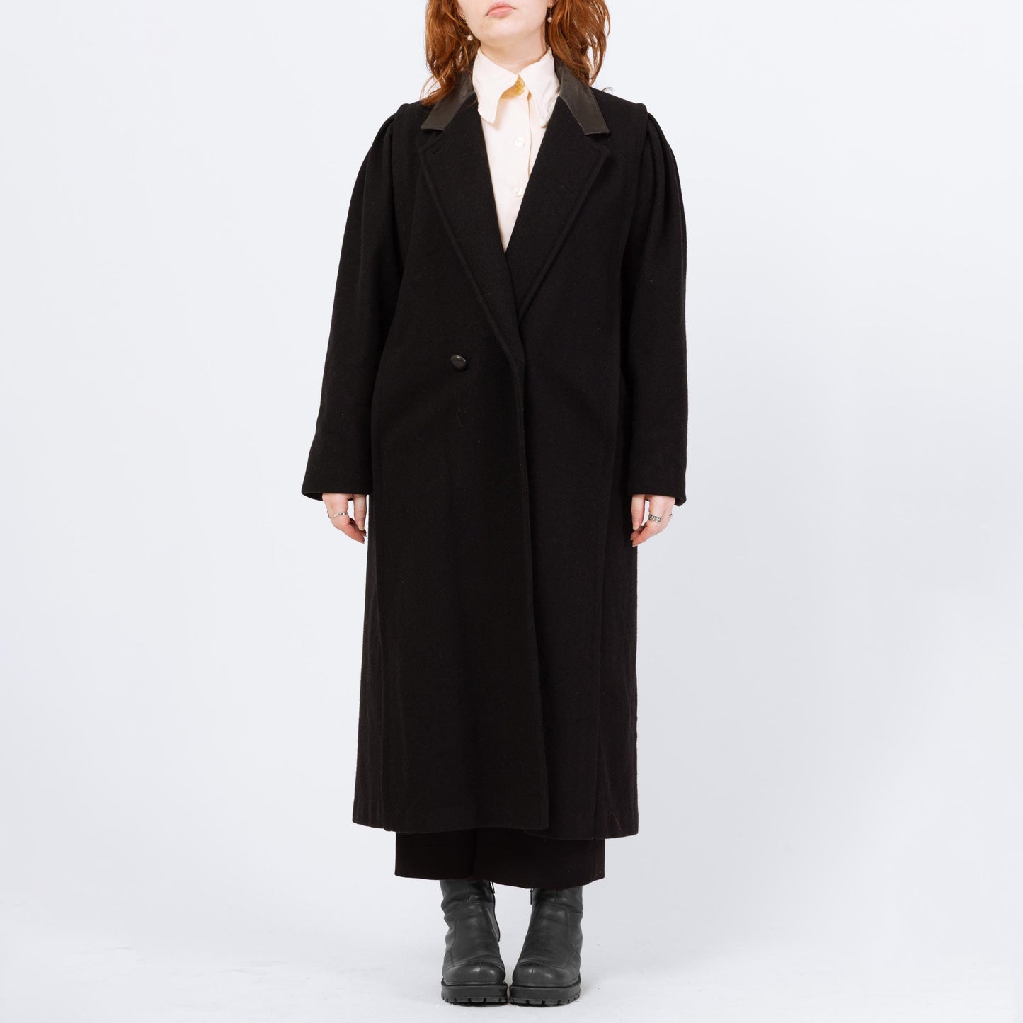 Vintage 80s Black Wool Leather Collar Overcoat - Large