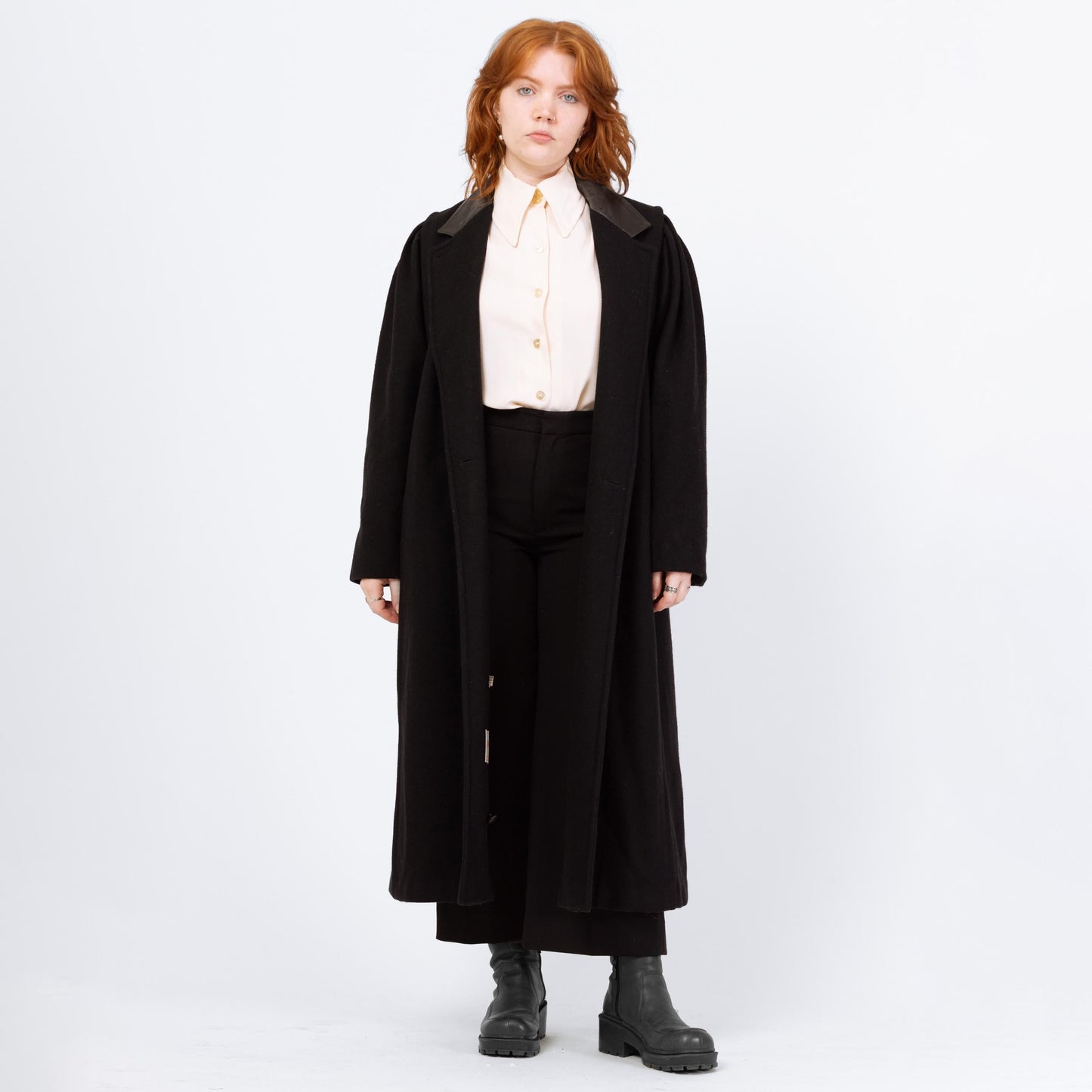 Vintage 80s Black Wool Leather Collar Overcoat - Large