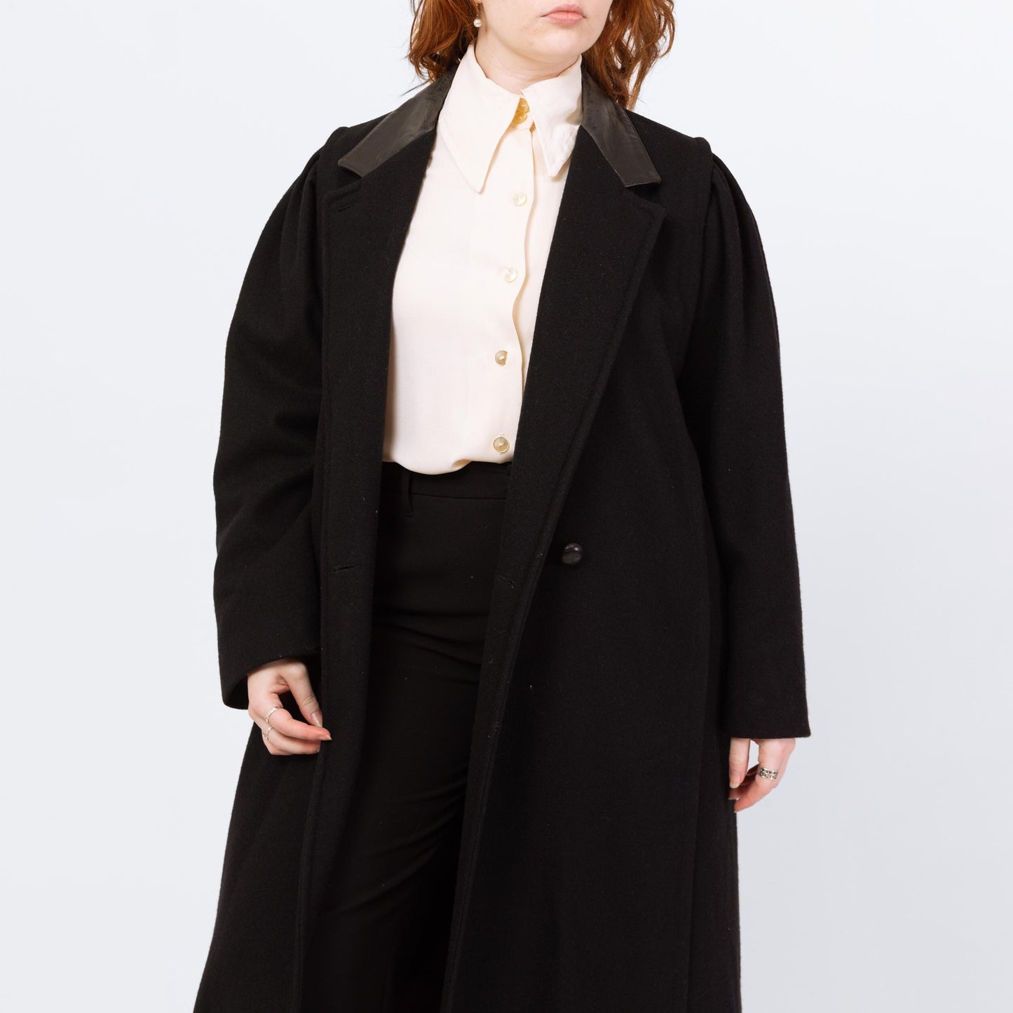 Vintage 80s Black Wool Leather Collar Overcoat - Large
