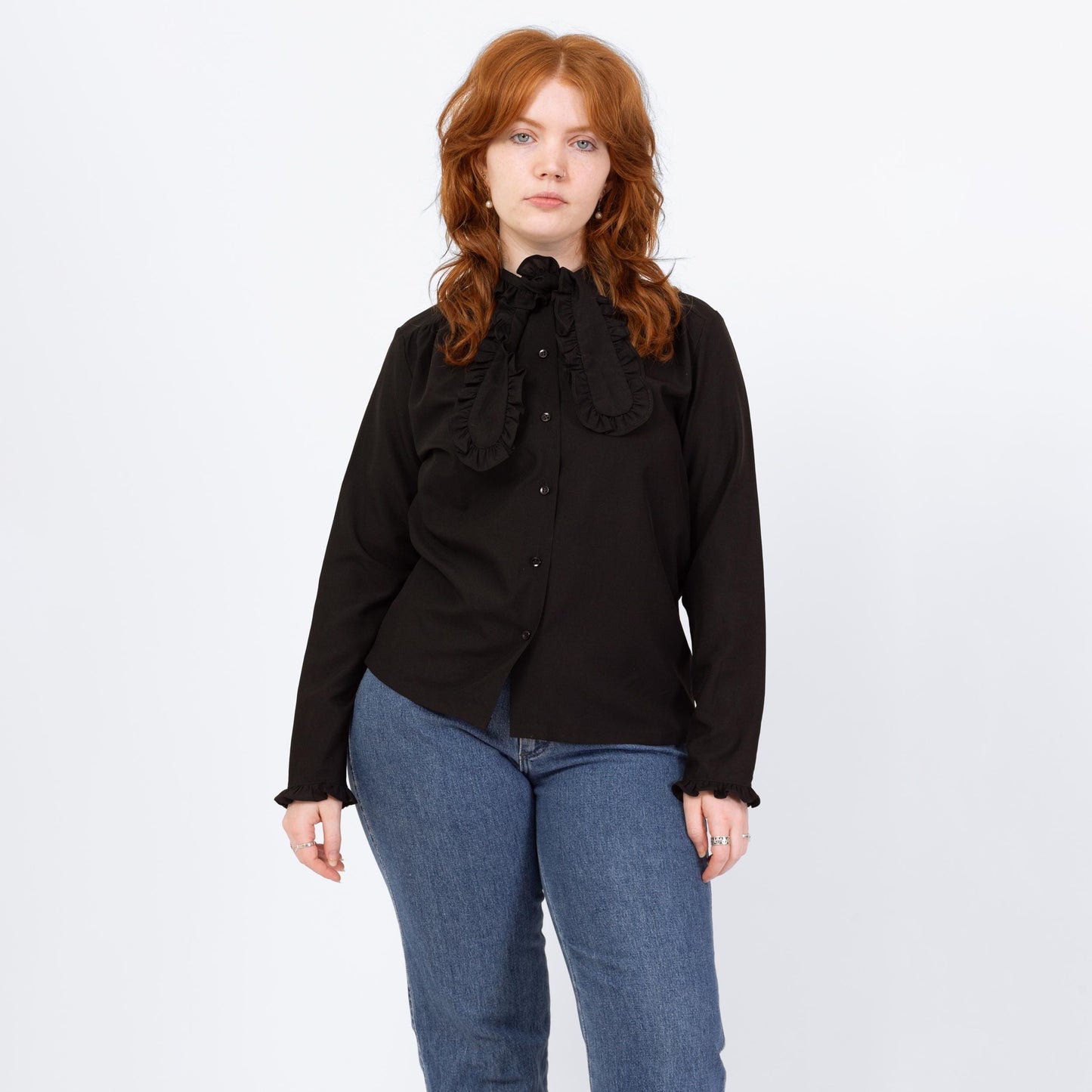 Vintage 70s Black Ascot Tie Blouse - Large