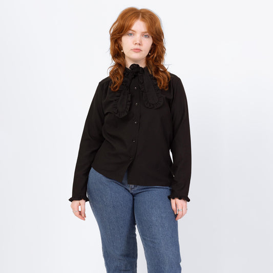 Vintage 70s Black Ascot Tie Blouse - Large