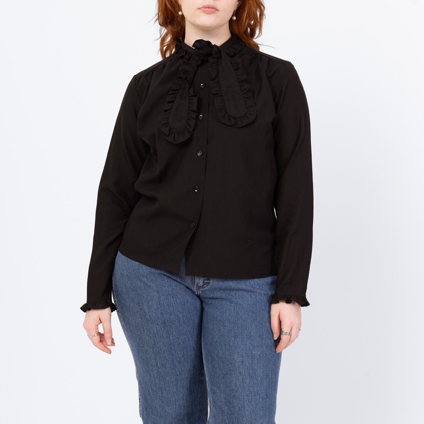 Vintage 70s Black Ascot Tie Blouse - Large