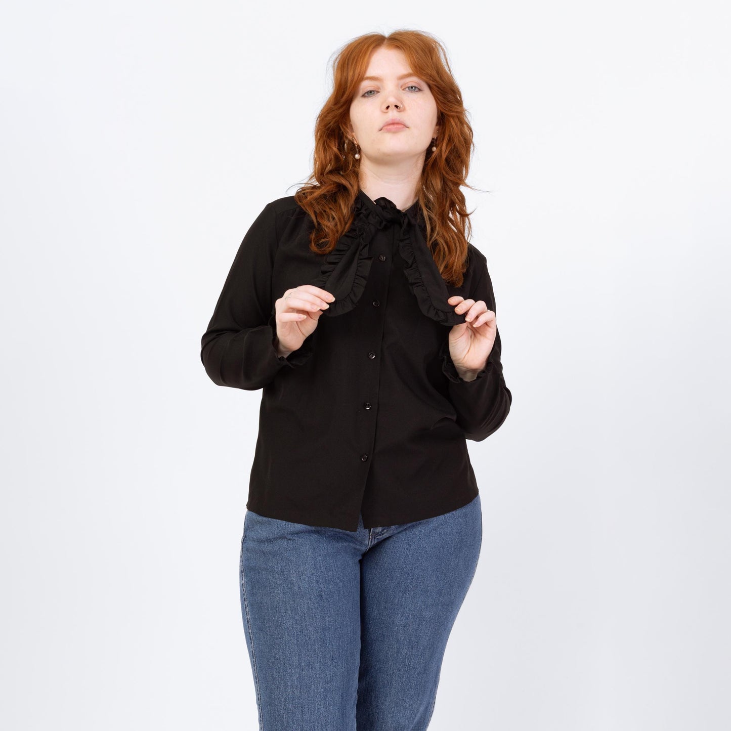 Vintage 70s Black Ascot Tie Blouse - Large