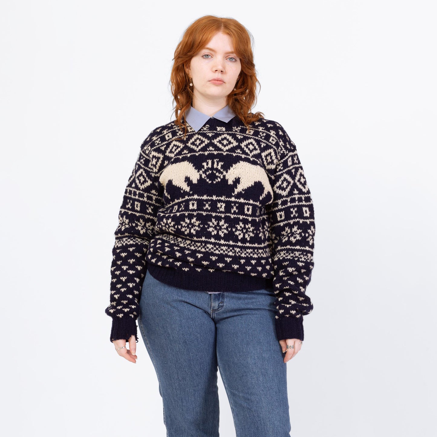 Vintage 80s Battling Caribou Nordic Fair Isle Sweater - Large