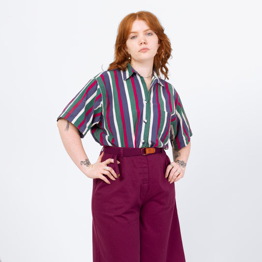 Vintage 90s Jewel Tone Striped Button Up Shirt - Extra Large