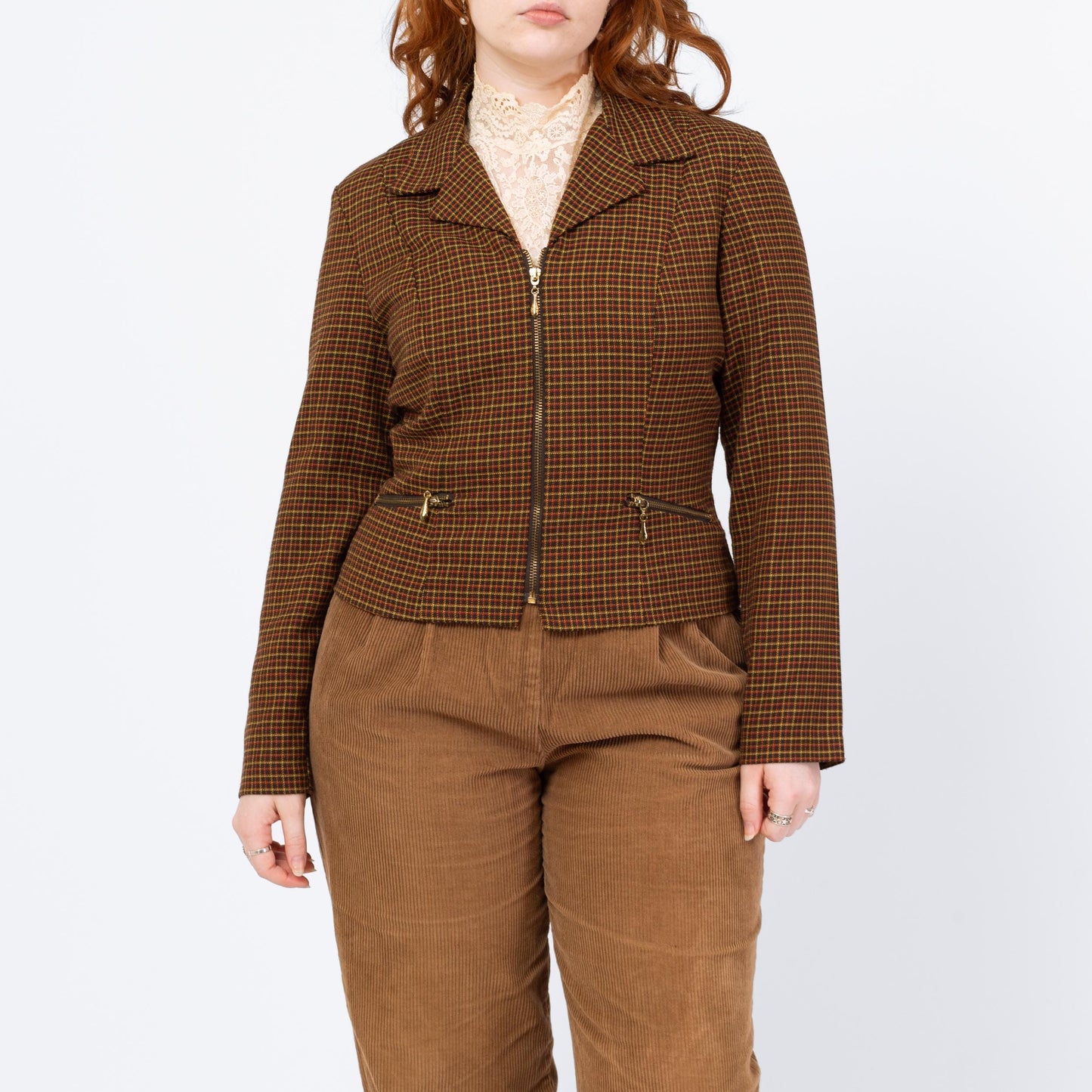 Vintage 90s Brown Plaid Fitted Blazer - Medium