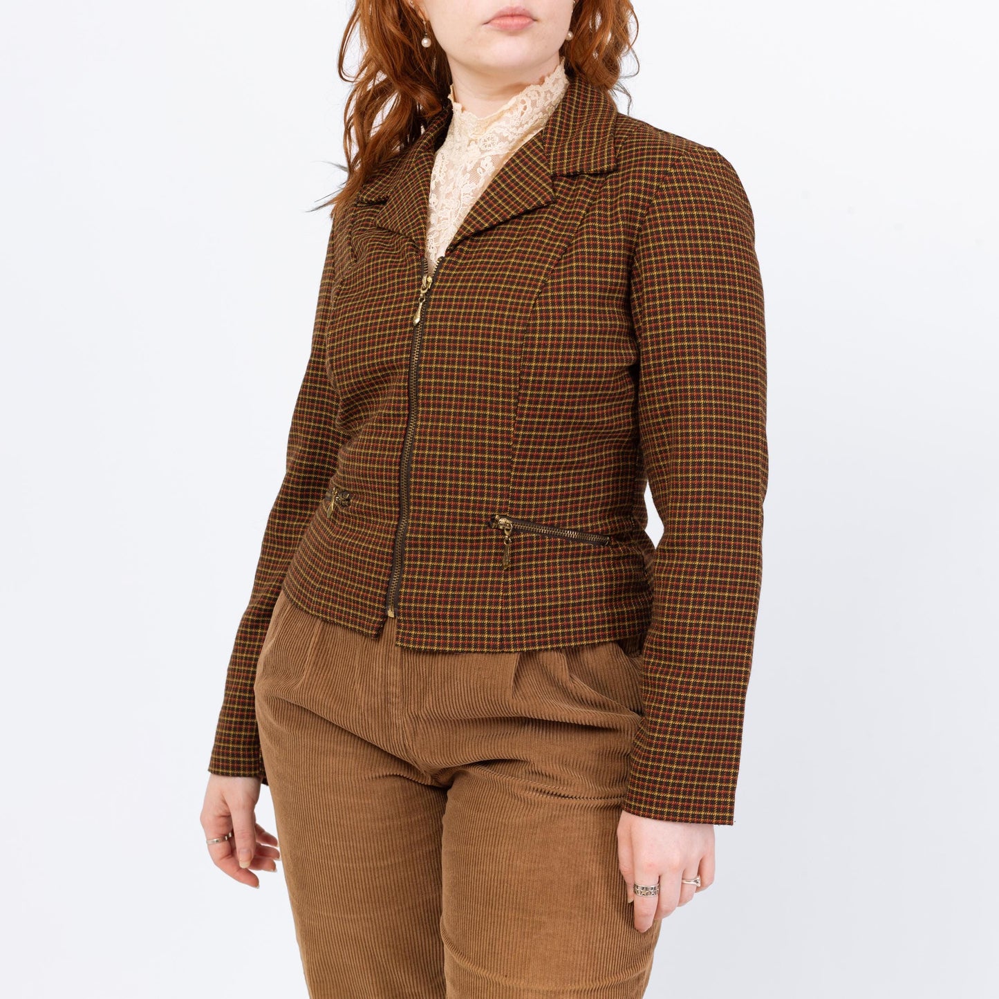 Vintage 90s Brown Plaid Fitted Blazer - Medium