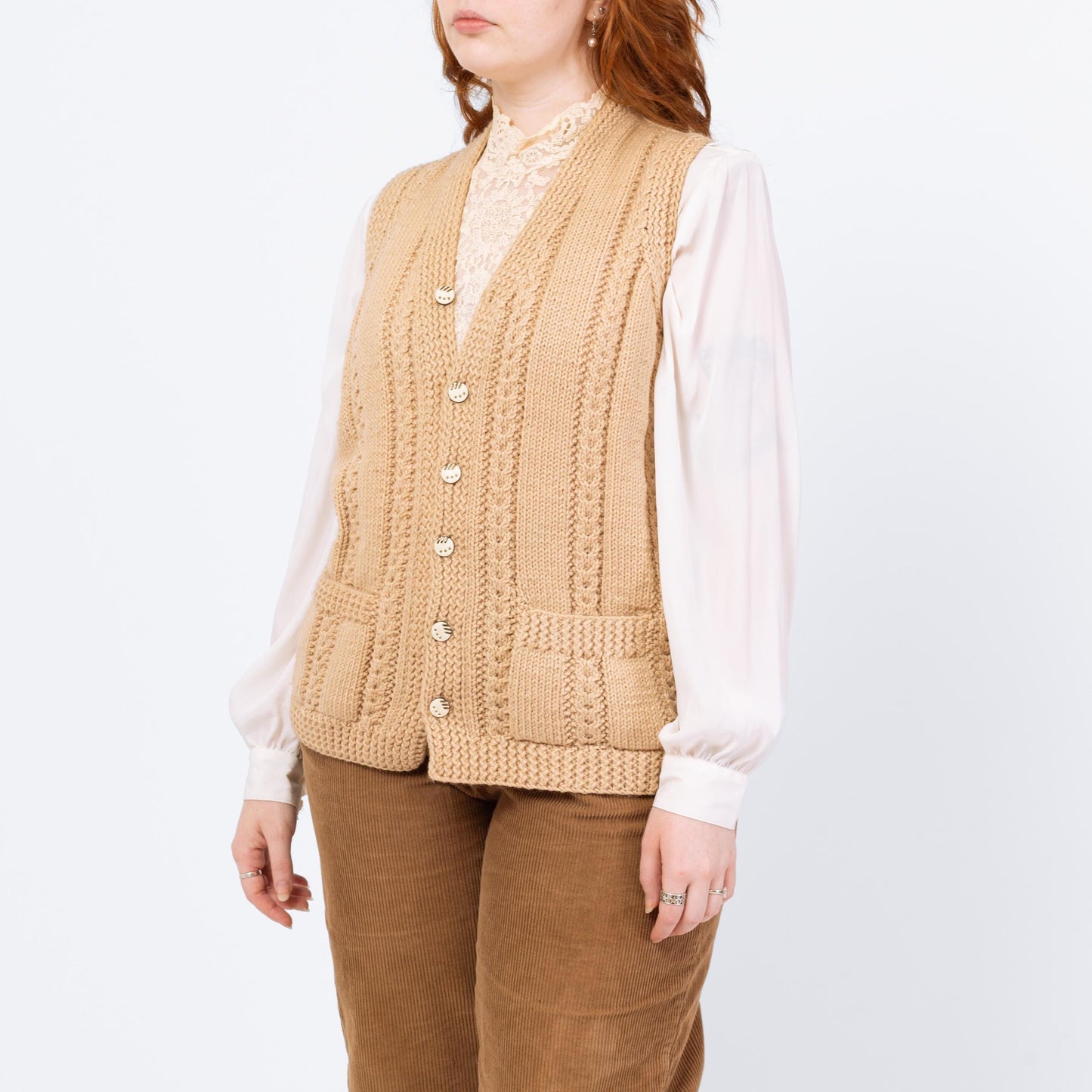 Vintage 80s Cream Cable Knit Sweater Vest - Medium
