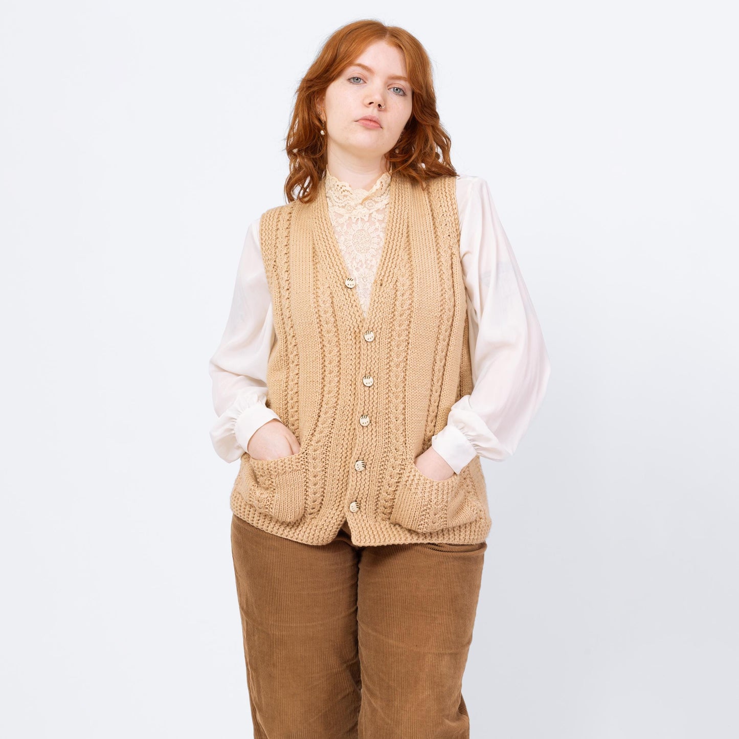 Vintage 80s Cream Cable Knit Sweater Vest - Medium