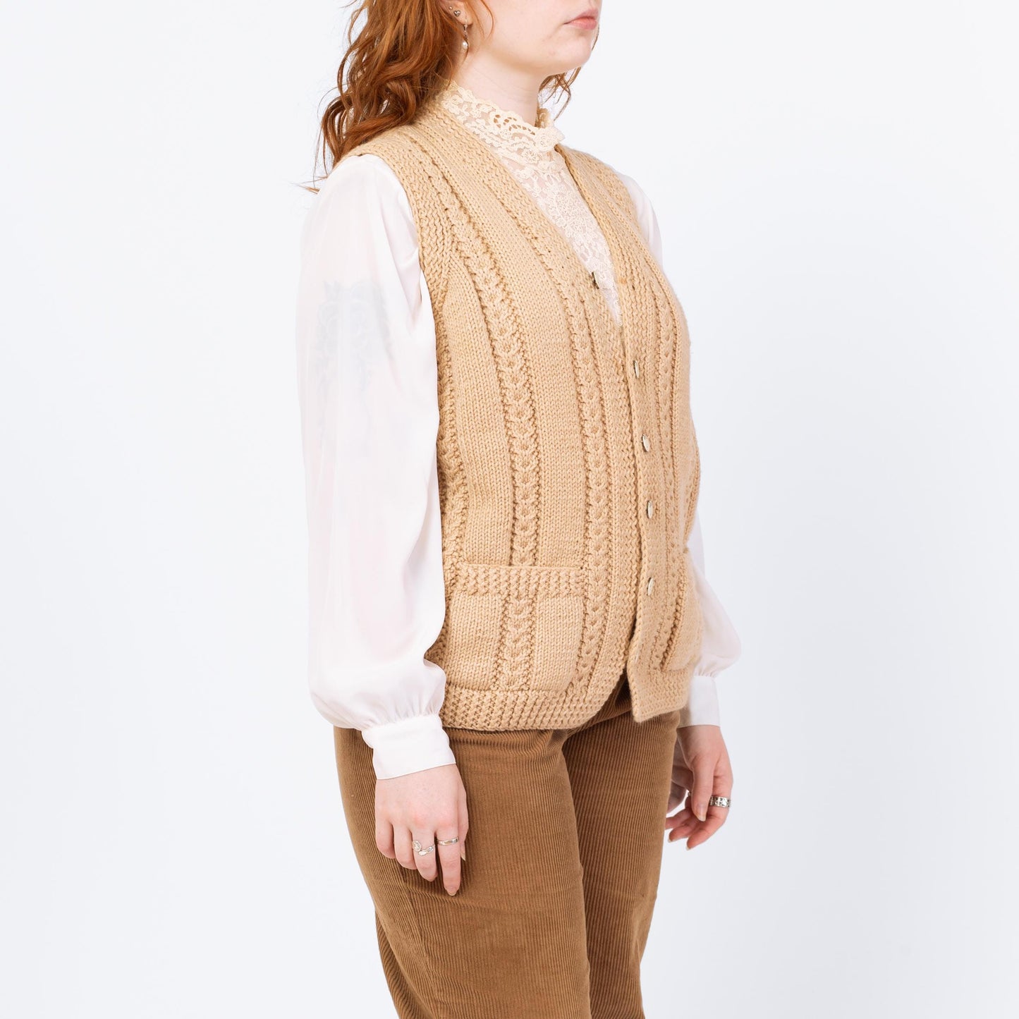 Vintage 80s Cream Cable Knit Sweater Vest - Medium