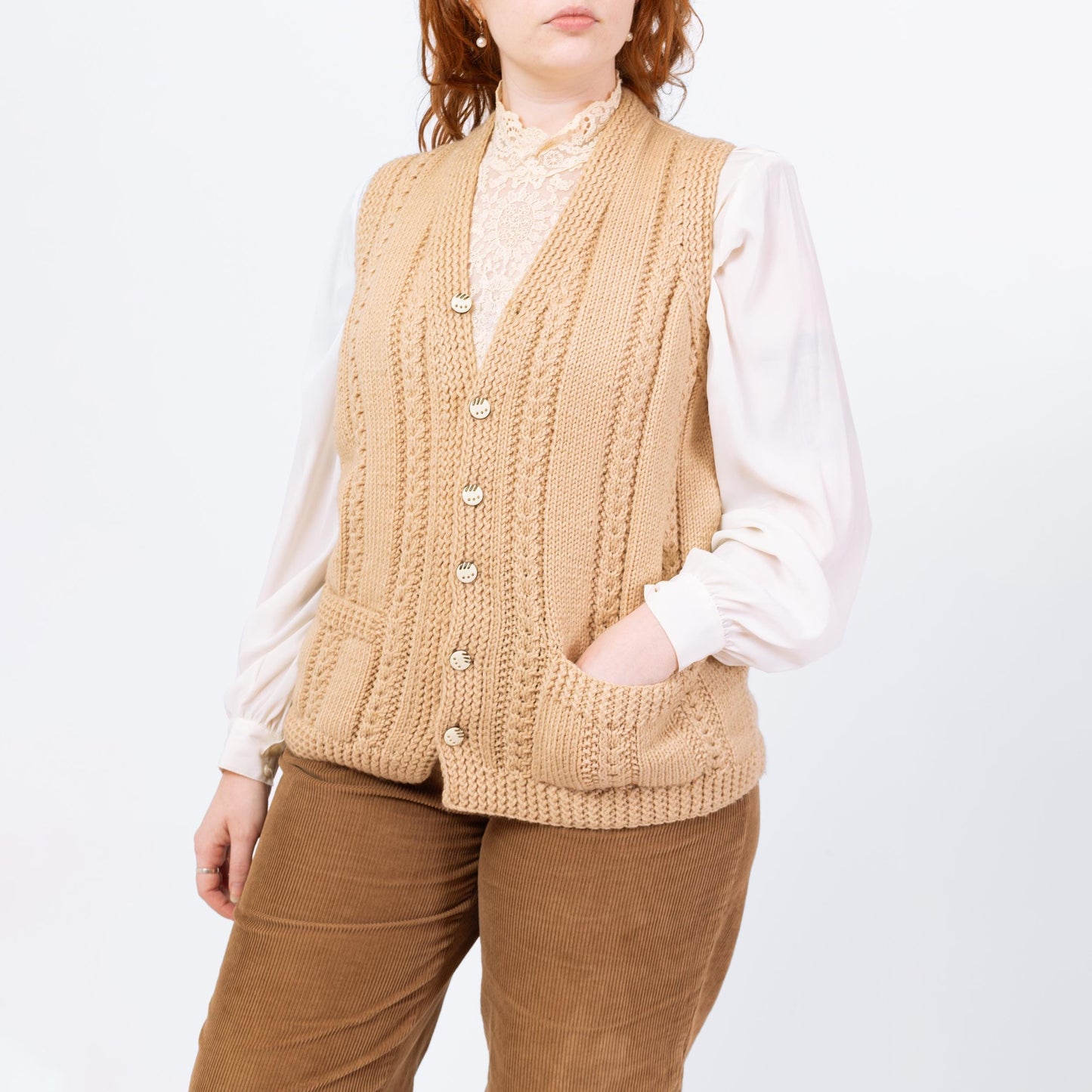 Vintage 80s Cream Cable Knit Sweater Vest - Medium