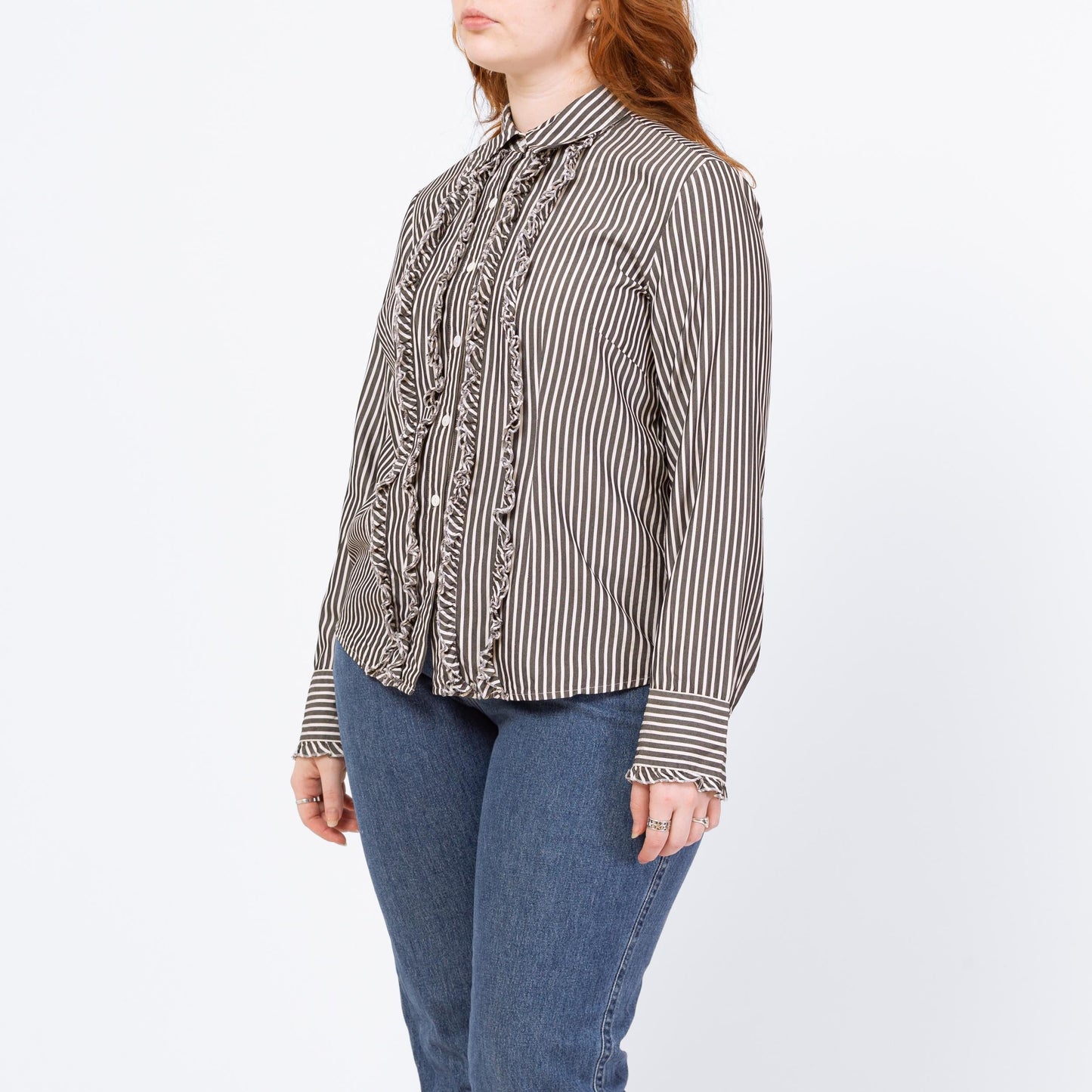 Vintage 90s Black & White Striped Silk Tuxedo Ruffle Blouse - Large