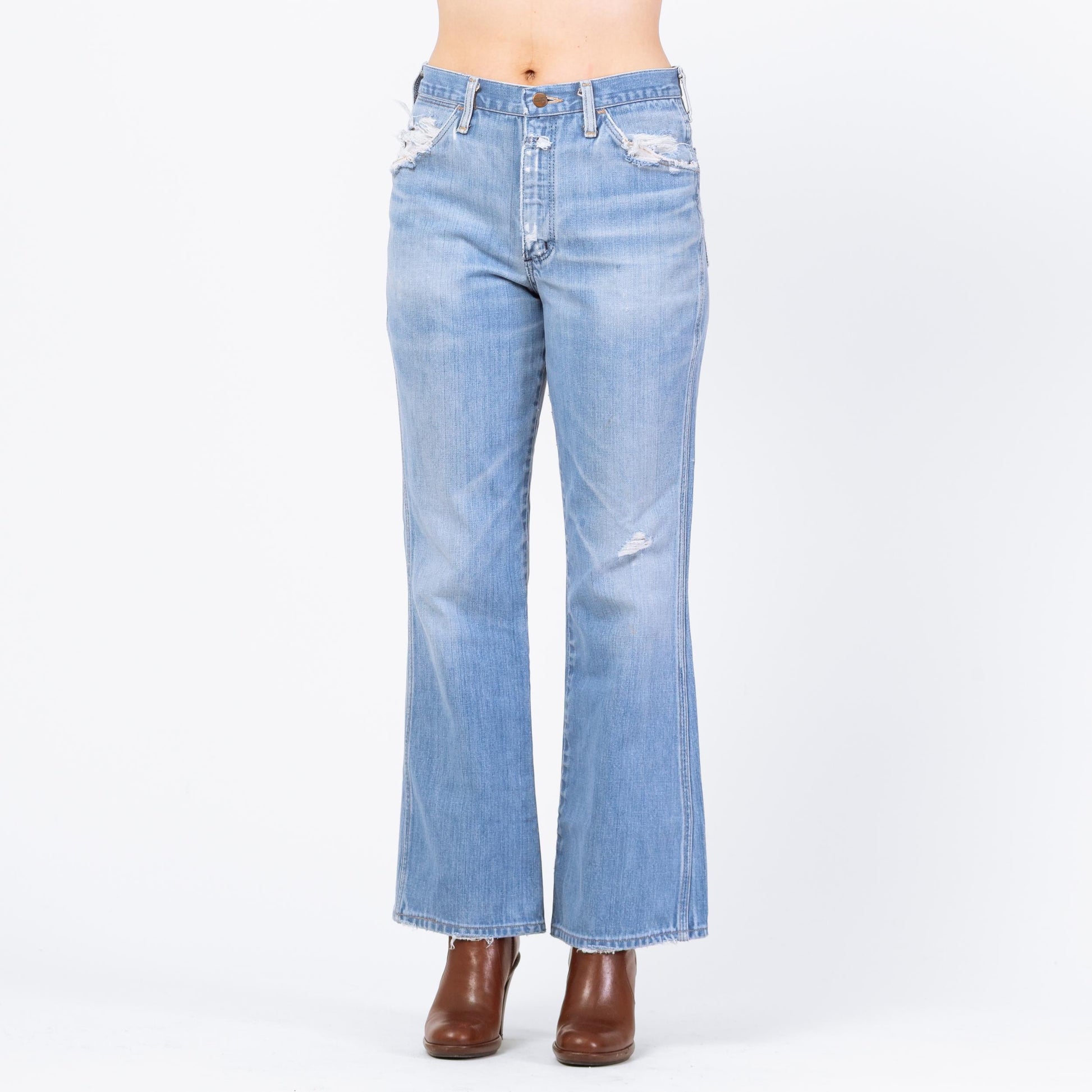 Vintage 70s Wrangler Flared Unisex Jeans - 31x30 | Light Wash Distressed Denim High Waisted Bootcut Jeans