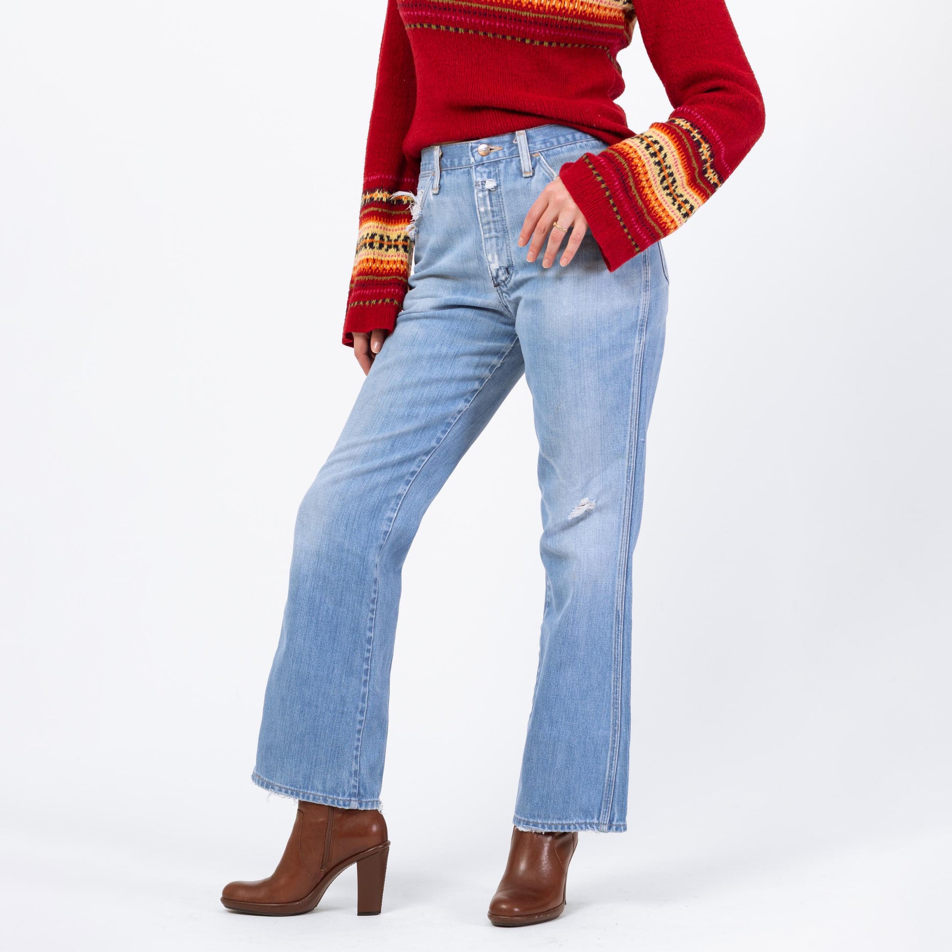 Vintage 70s Wrangler Flared Unisex Jeans - 31x30 | Light Wash Distressed Denim High Waisted Bootcut Jeans