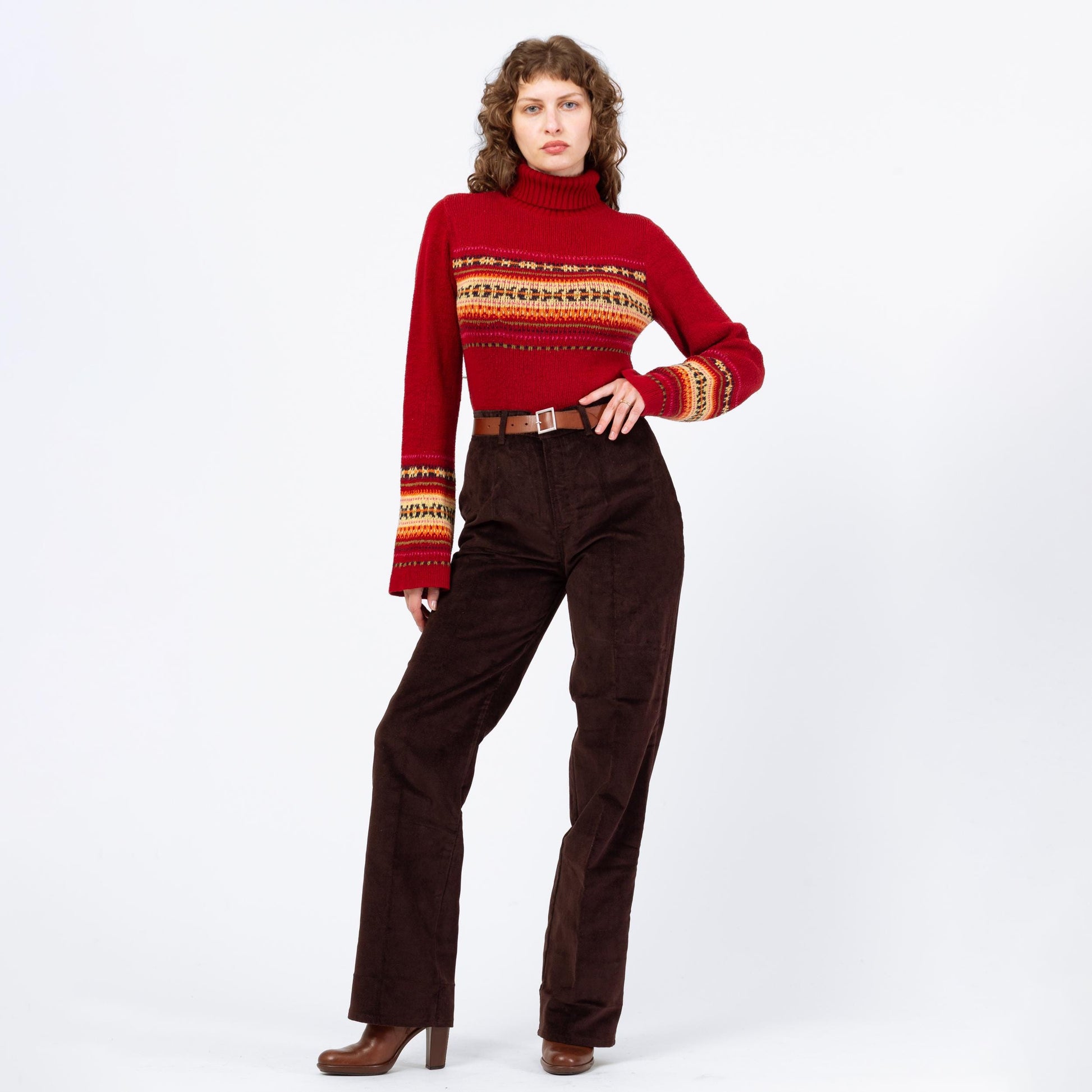 Vintage 70s Chic By H.I.S. Brown Velvet High Waist Pants, Deadstock - Medium | Straight Leg High Waist Trousers