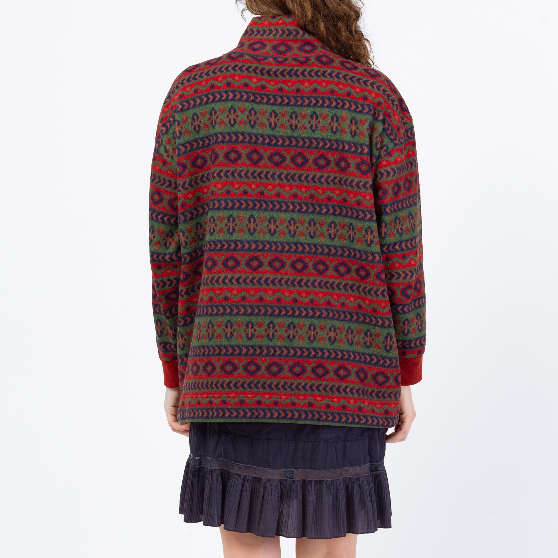 Vintage 80s Striped Geometric Fleece Quarter Zip Sweatshirt - Medium | Oversize Mockneck Pullover Sweater