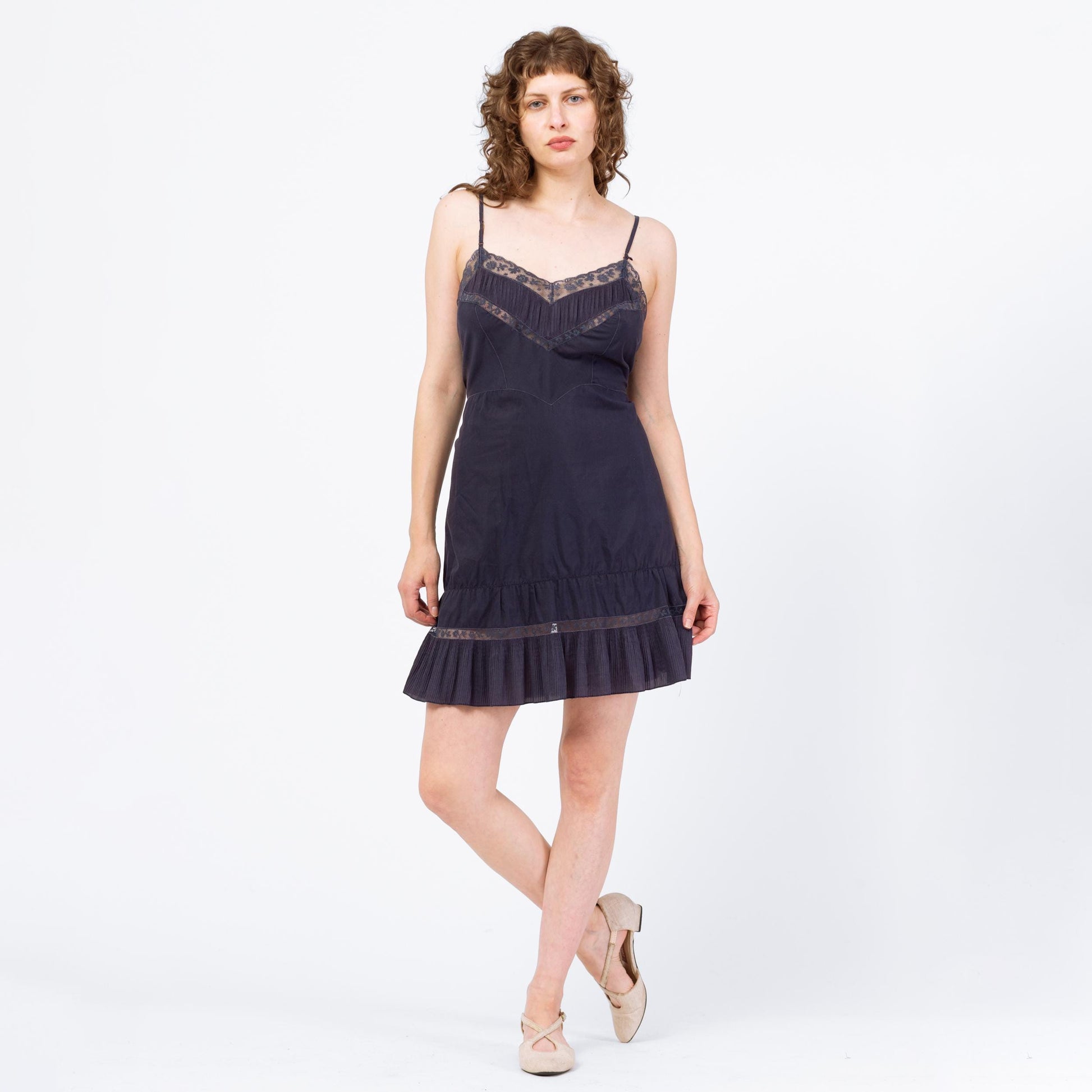 Vintage 1950s Barbizon Slip Dress, As Is - Medium | 50s Lingerie Navy Blue Lace Trim Mini Dress
