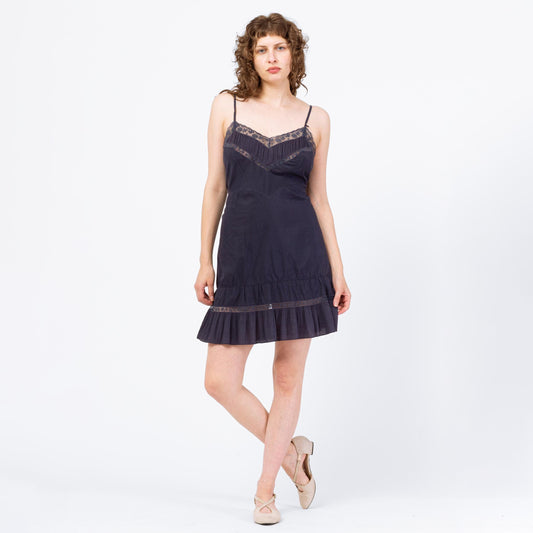 Vintage 1950s Barbizon Slip Dress, As Is - Medium | 50s Lingerie Navy Blue Lace Trim Mini Dress