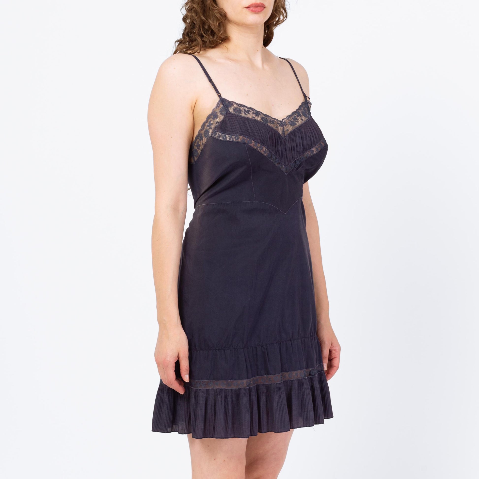Vintage 1950s Barbizon Slip Dress, As Is - Medium | 50s Lingerie Navy Blue Lace Trim Mini Dress