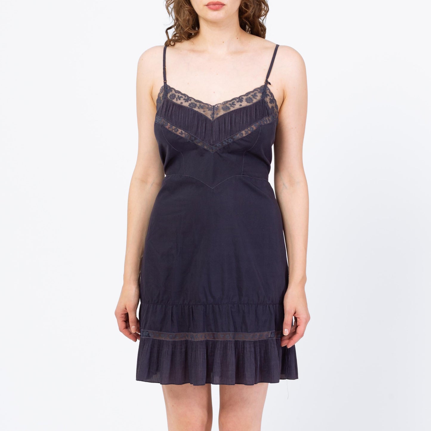 Vintage 1950s Barbizon Slip Dress, As Is - Medium | 50s Lingerie Navy Blue Lace Trim Mini Dress