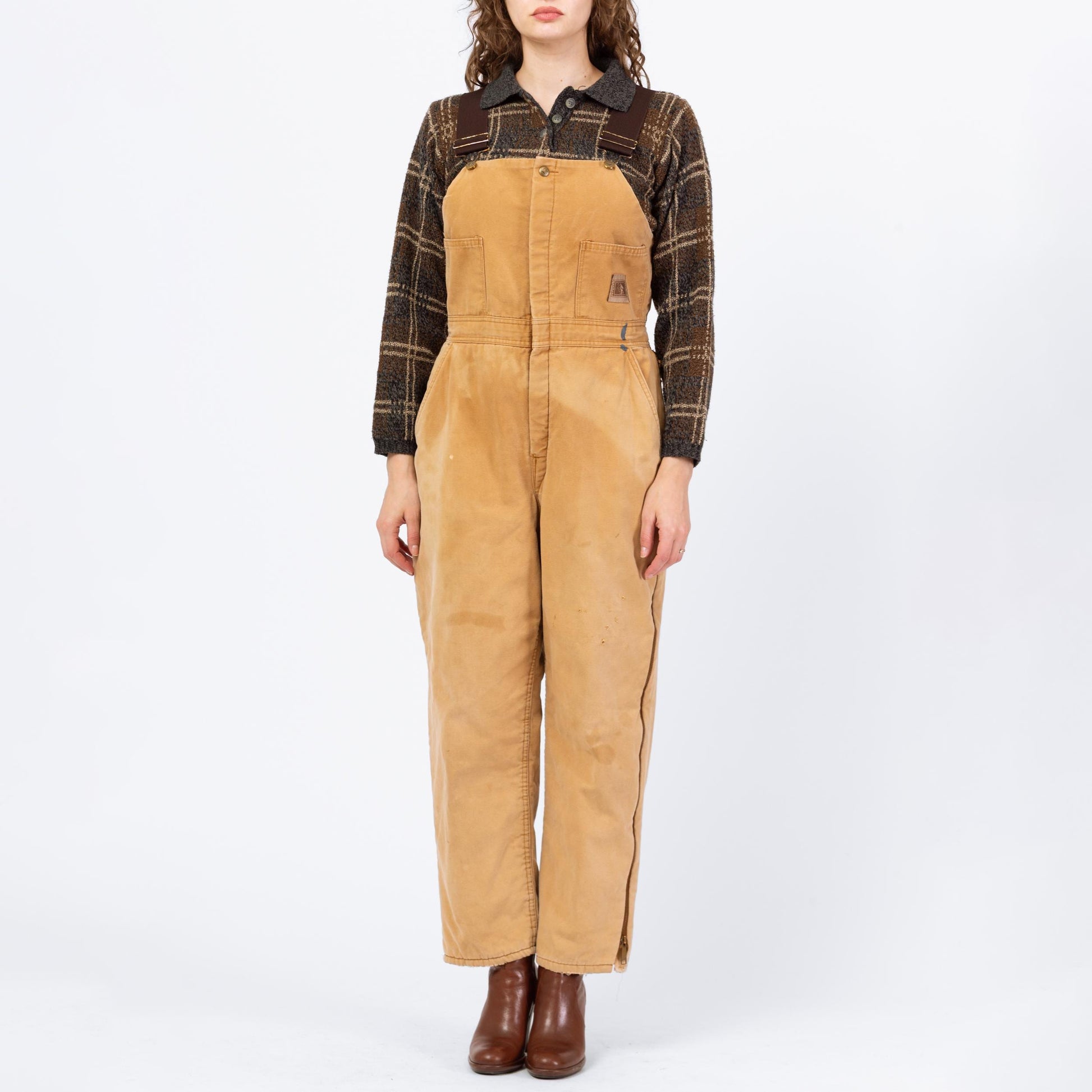 Vintage 90s Flannel Lined Insulated Overalls - Medium | Faded Tan Canvas Fitted Waist Thermal Workwear Jumpsuit