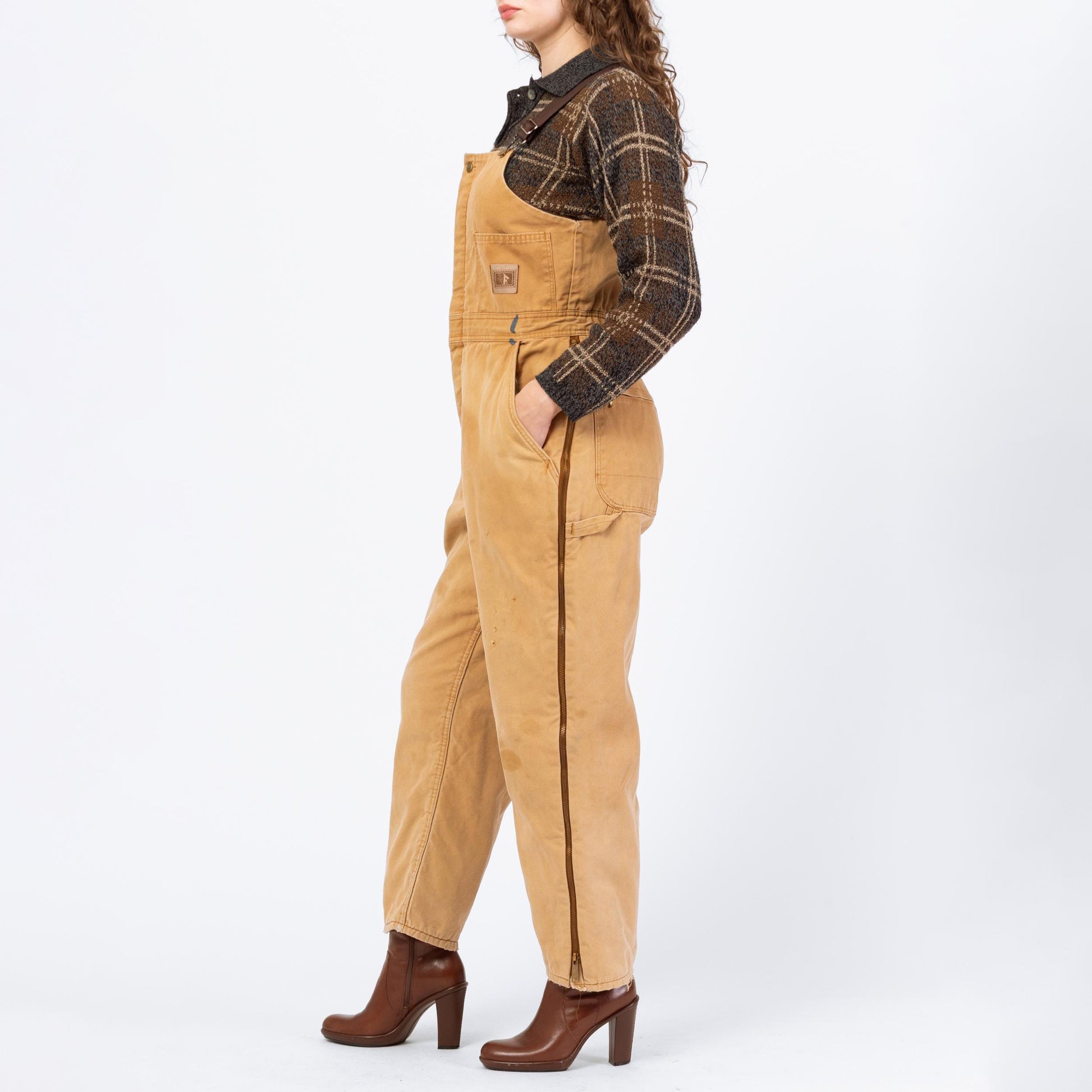 Vintage 90s Flannel Lined Insulated Overalls - Medium | Faded Tan Canvas Fitted Waist Thermal Workwear Jumpsuit
