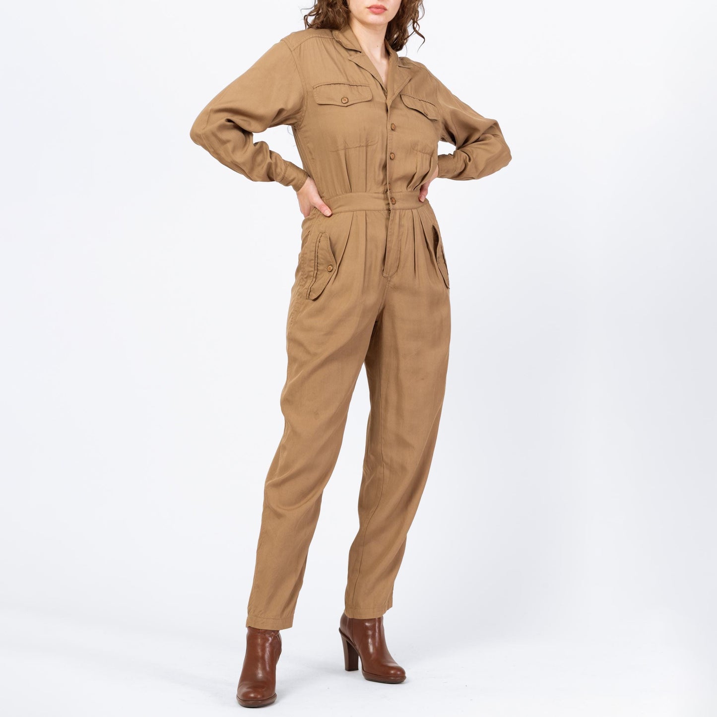 Vintage 90s Lizwear Khaki Tapered Leg Jumpsuit - Small to Medium | Pleated Button Up Fitted Waist Grunge Pantsuit