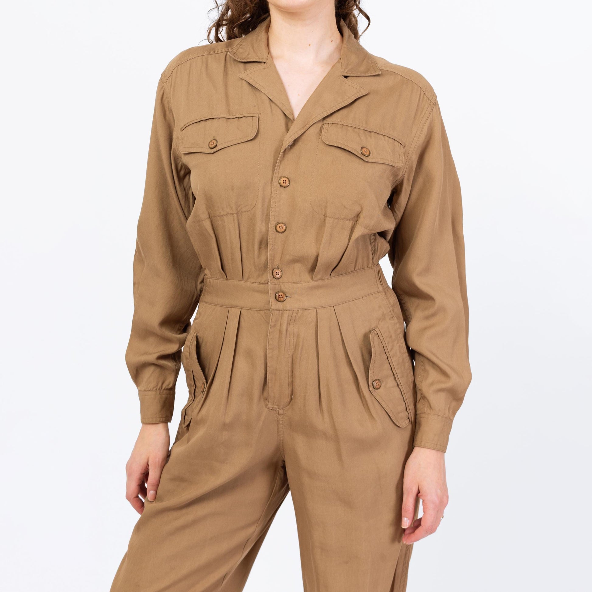 Vintage 90s Lizwear Khaki Tapered Leg Jumpsuit - Small to Medium | Pleated Button Up Fitted Waist Grunge Pantsuit