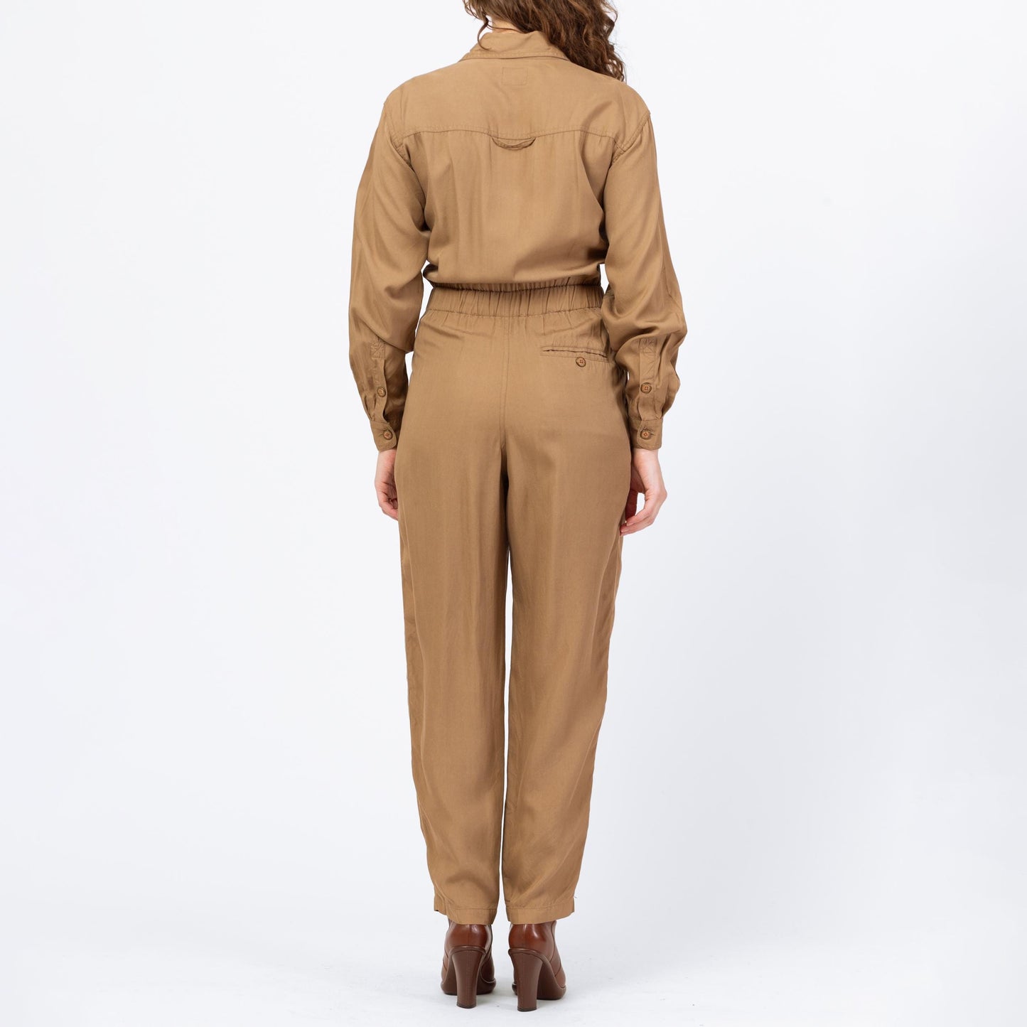 Vintage 90s Lizwear Khaki Tapered Leg Jumpsuit - Small to Medium | Pleated Button Up Fitted Waist Grunge Pantsuit