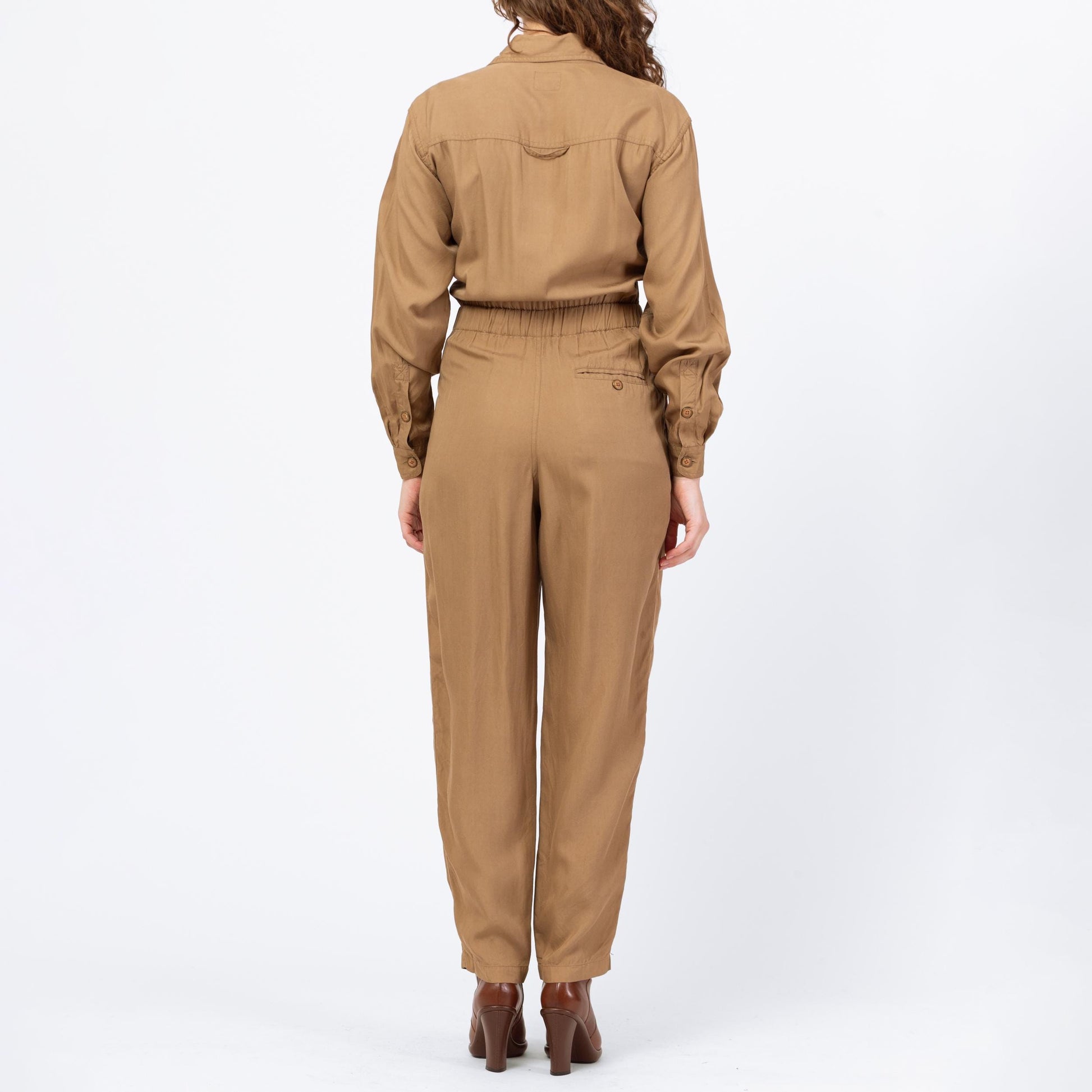 Vintage 90s Lizwear Khaki Tapered Leg Jumpsuit - Small to Medium | Pleated Button Up Fitted Waist Grunge Pantsuit