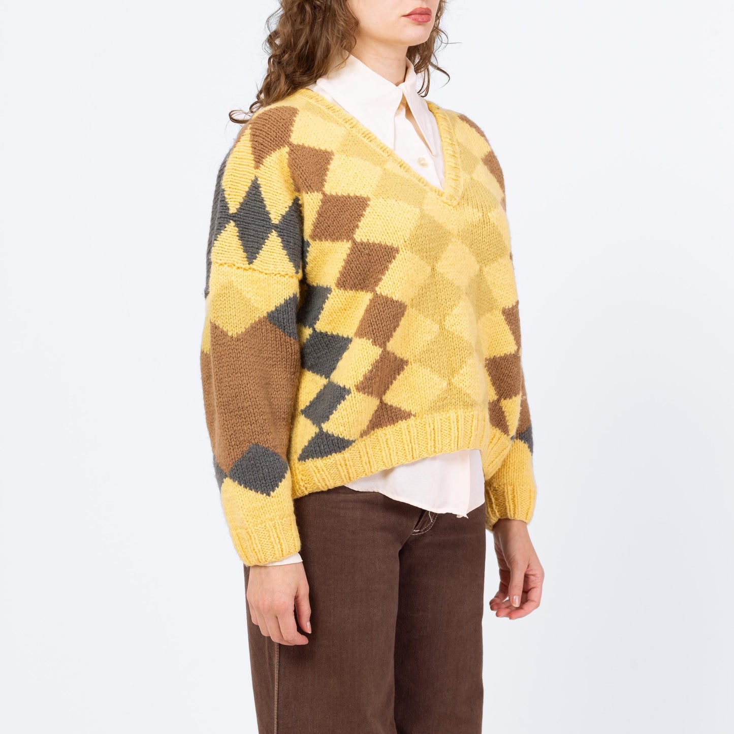 Vintage 70s Yellow Argyle Knit Cropped Sweater - One Size | Boxy V Neck Pullover Jumper