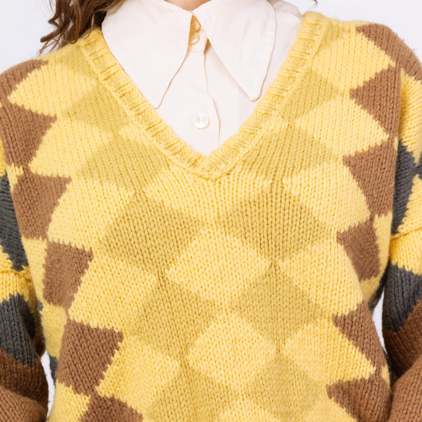 Vintage 70s Yellow Argyle Knit Cropped Sweater - One Size | Boxy V Neck Pullover Jumper