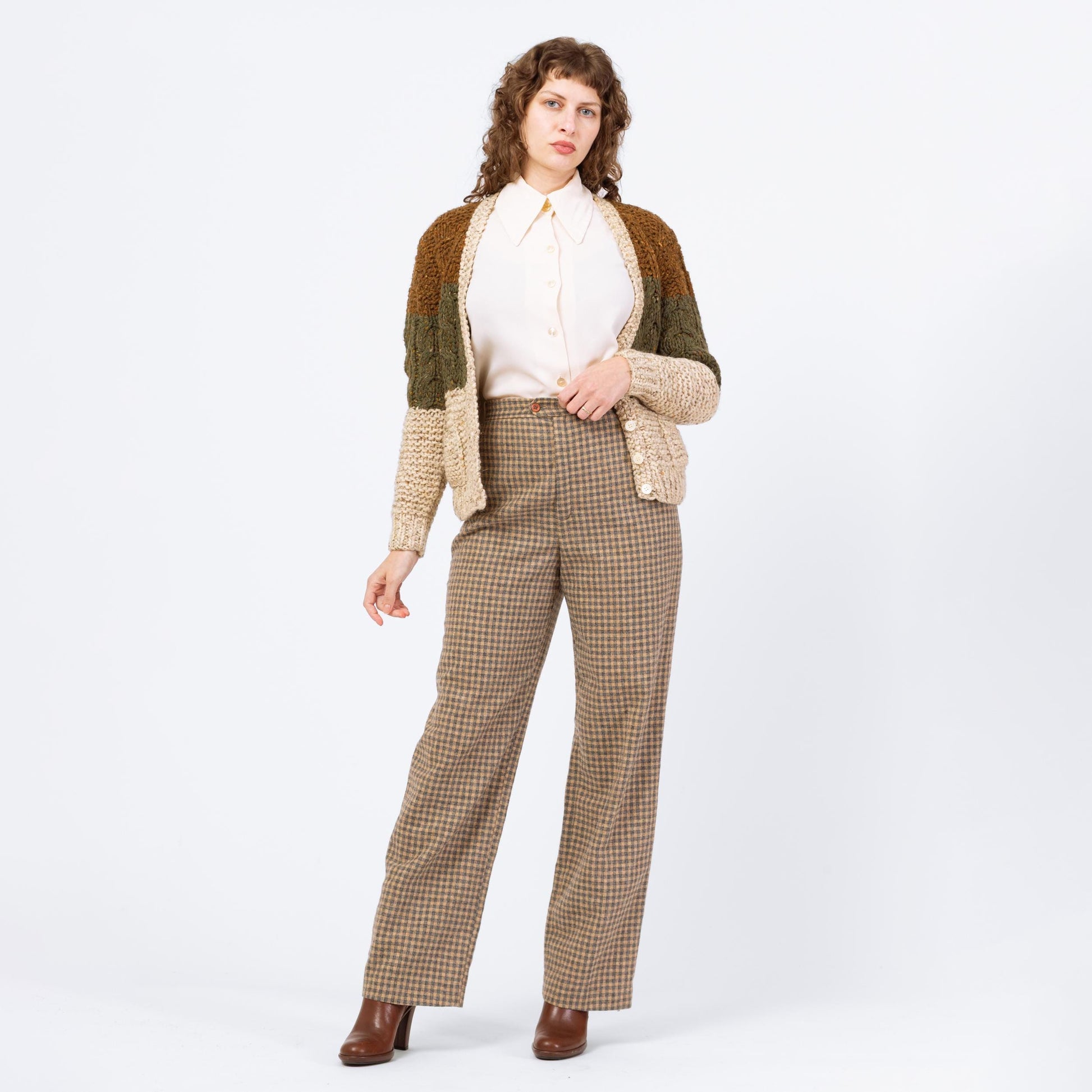 Vintage 70s Yellow & Grey Plaid Wool Pants - Medium, 28" Waist | Jack Winter High Waisted Straight Leg Trousers