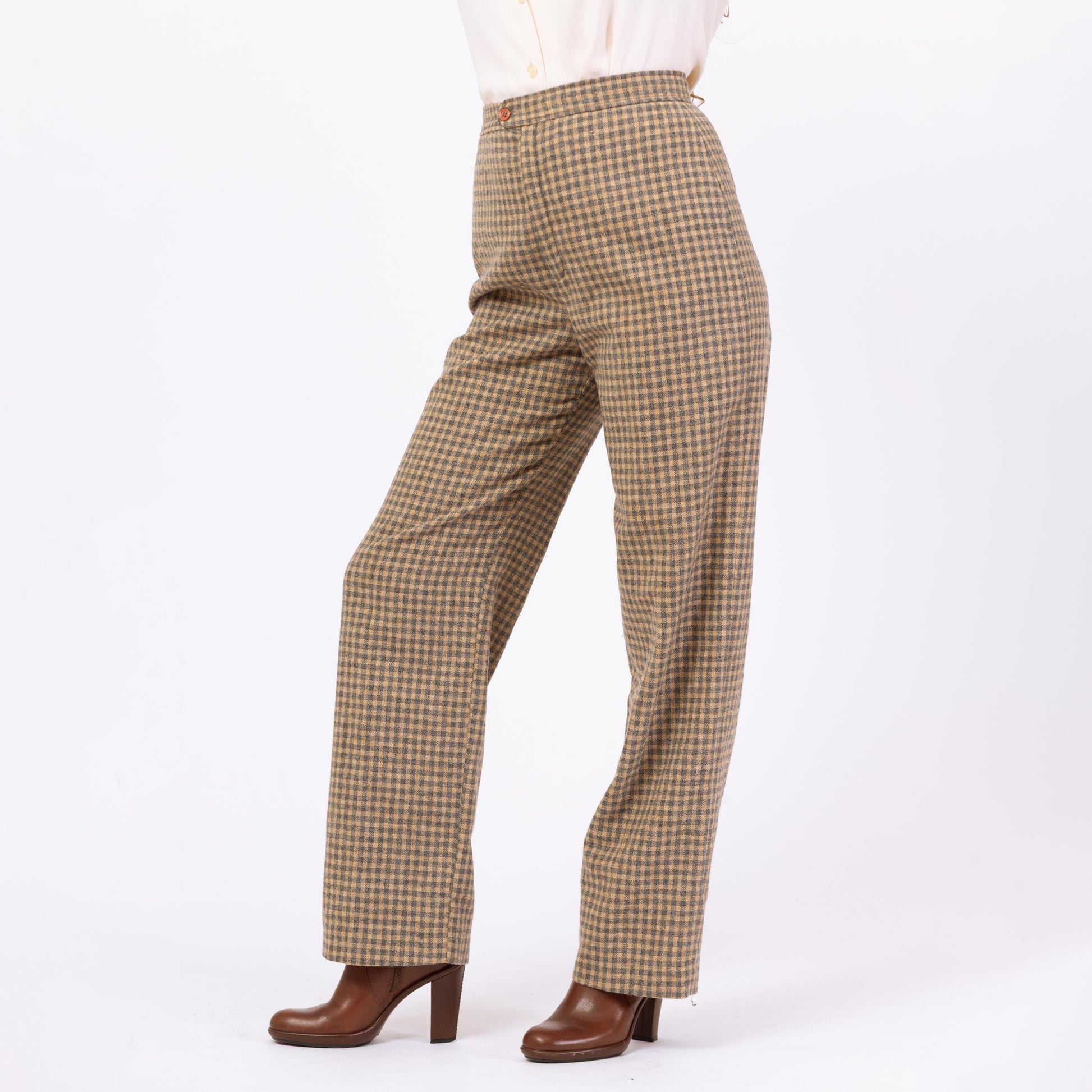 Vintage 70s Yellow & Grey Plaid Wool Pants - Medium, 28" Waist | Jack Winter High Waisted Straight Leg Trousers