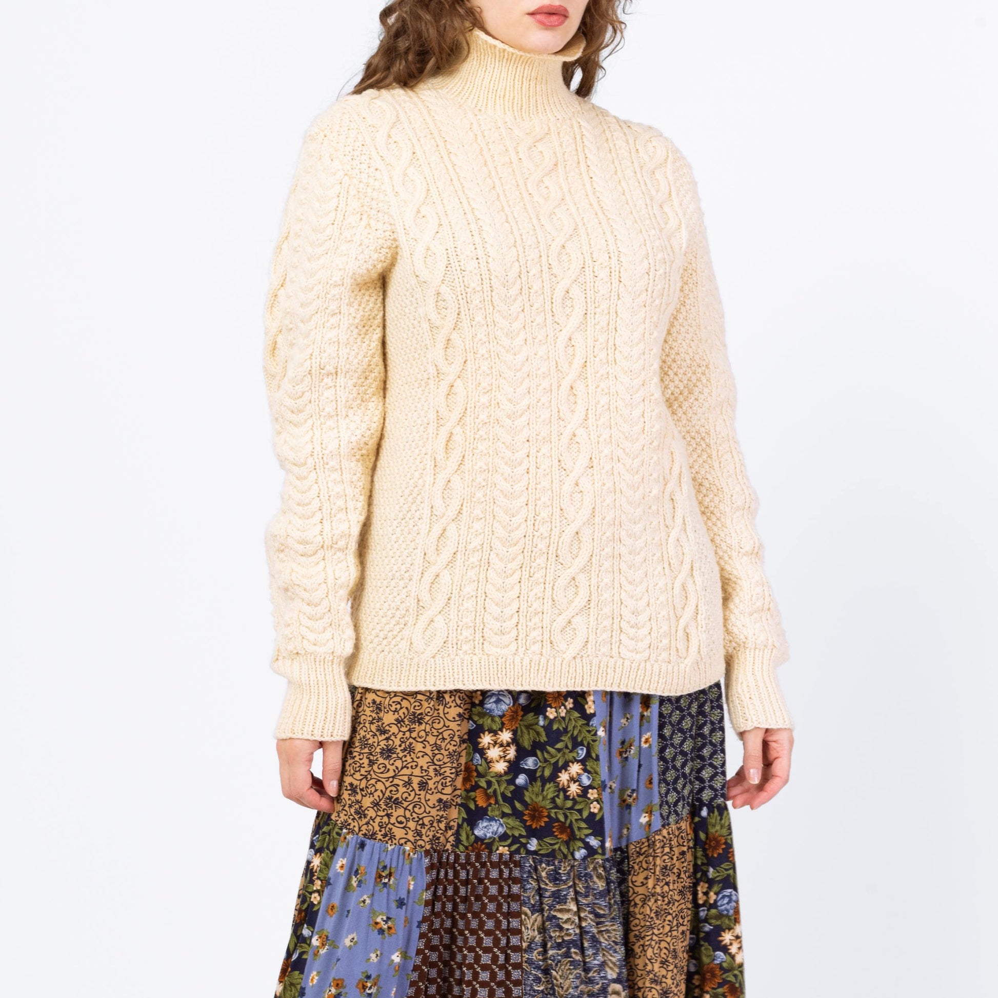 Vintage 70s 80s Irish Cable Knit Turtleneck Sweater - Men's Medium, Women's Large | Slouchy Oversize Cream Wool Fisherman Pullover