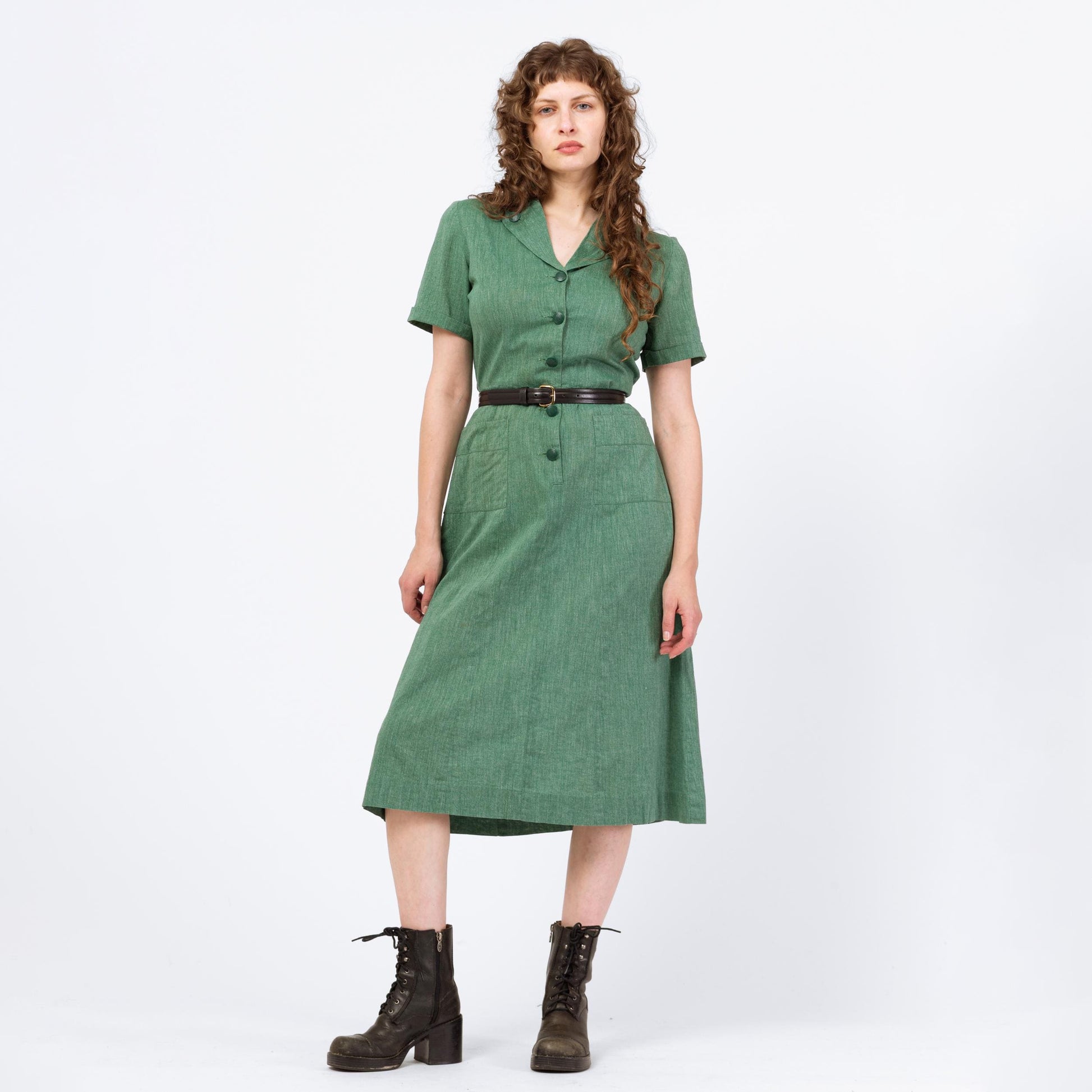 Vintage 40s 50s Girl Scouts Uniform Dress - Medium | Retro Green Button Up Short Sleeve Midi Shirtdress