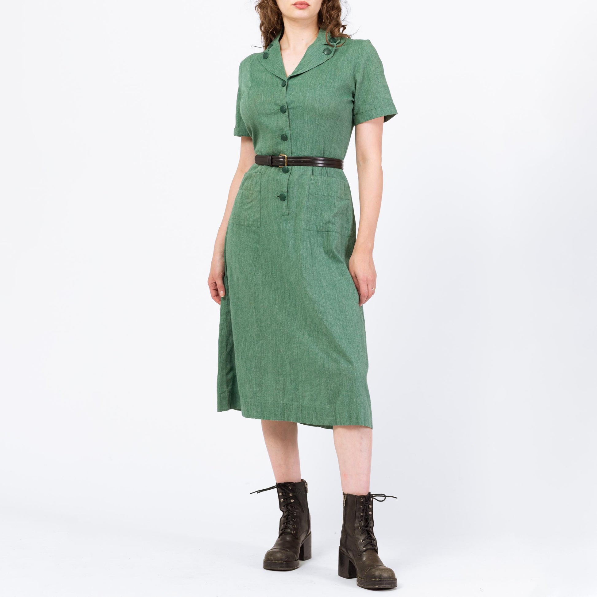 Vintage 40s 50s Girl Scouts Uniform Dress - Medium | Retro Green Button Up Short Sleeve Midi Shirtdress