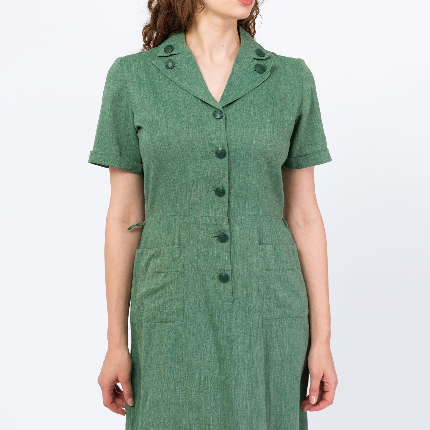 Vintage 40s 50s Girl Scouts Uniform Dress - Medium | Retro Green Button Up Short Sleeve Midi Shirtdress