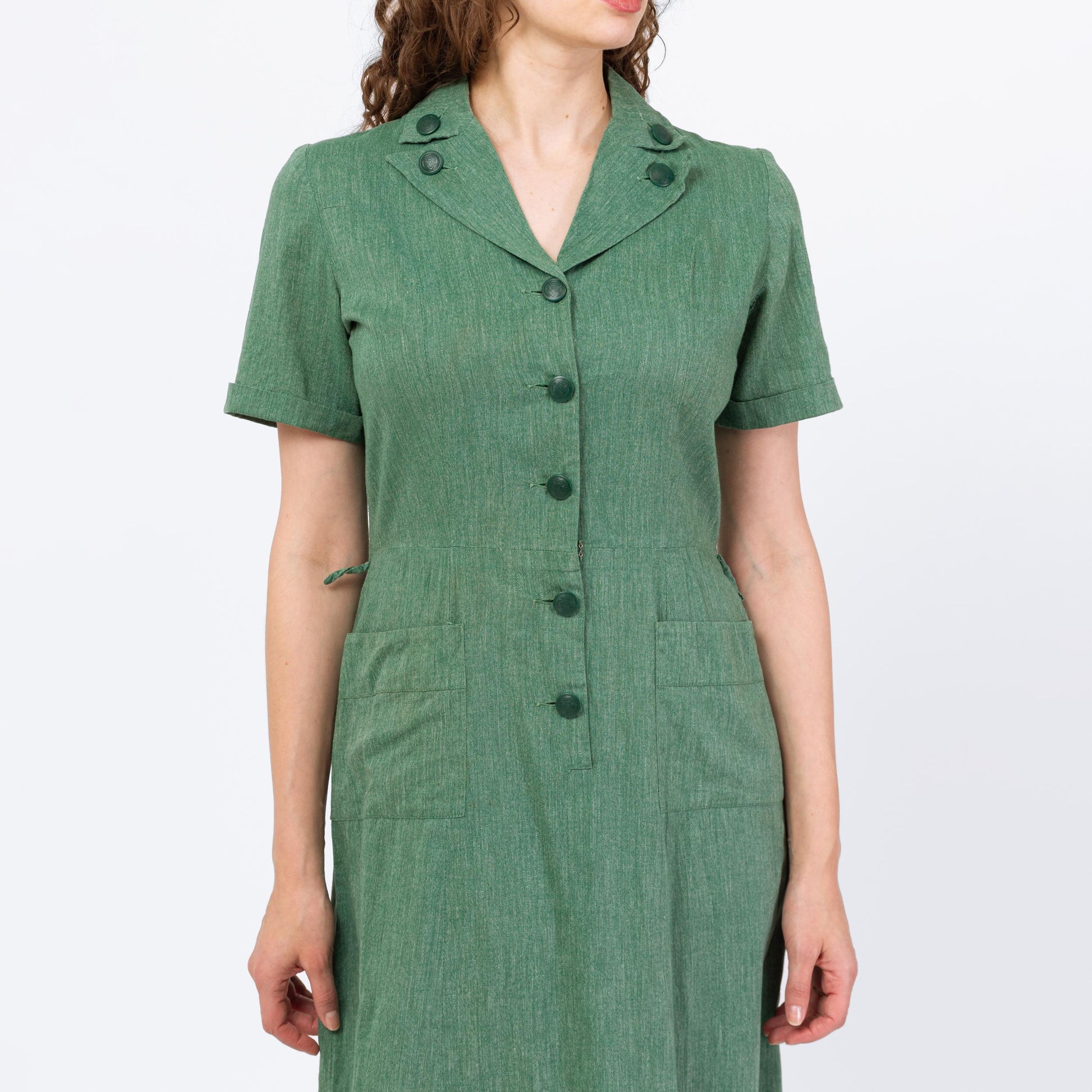 Vintage 40s 50s Girl Scouts Uniform Dress - Medium | Retro Green Button Up Short Sleeve Midi Shirtdress