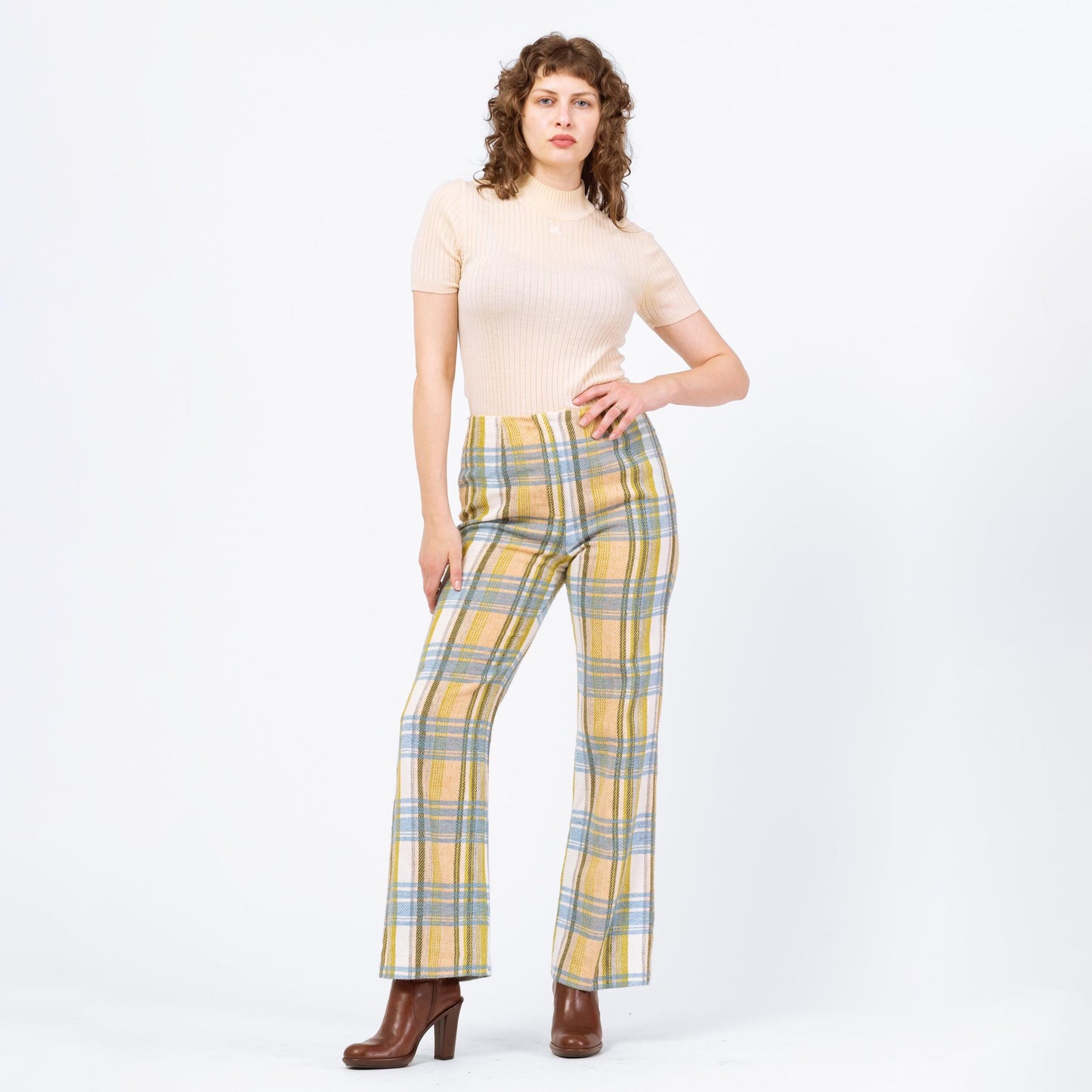 Vintage 70s Yellow Blue & Green Plaid Knit Flared Pants - Medium, 28" Waist | High Waisted Retro Woven Boho Bootcut Trousers