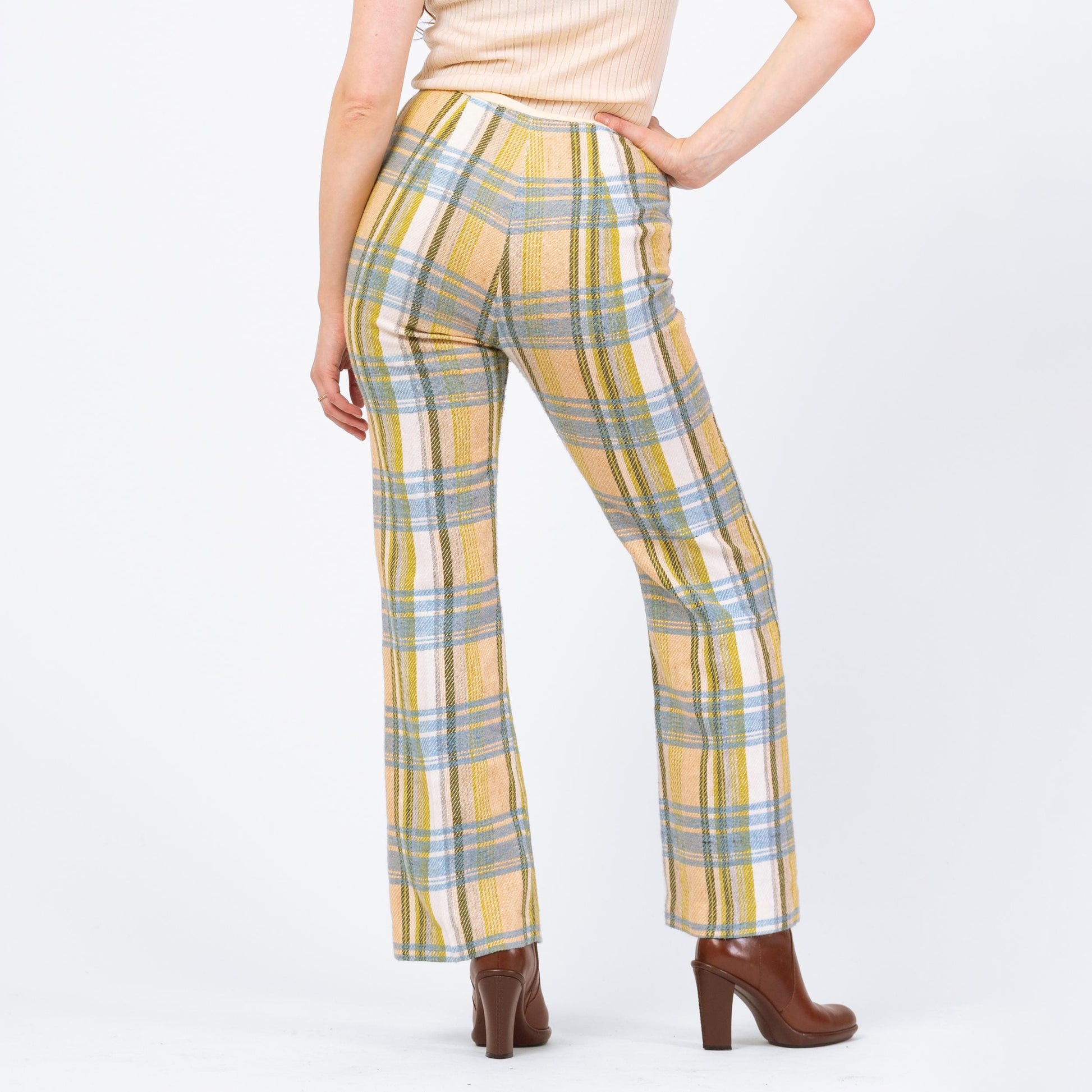Vintage 70s Yellow Blue & Green Plaid Knit Flared Pants - Medium, 28" Waist | High Waisted Retro Woven Boho Bootcut Trousers