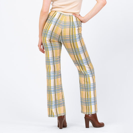 Vintage 70s Yellow Blue & Green Plaid Knit Flared Pants - Medium, 28" Waist | High Waisted Retro Woven Boho Bootcut Trousers