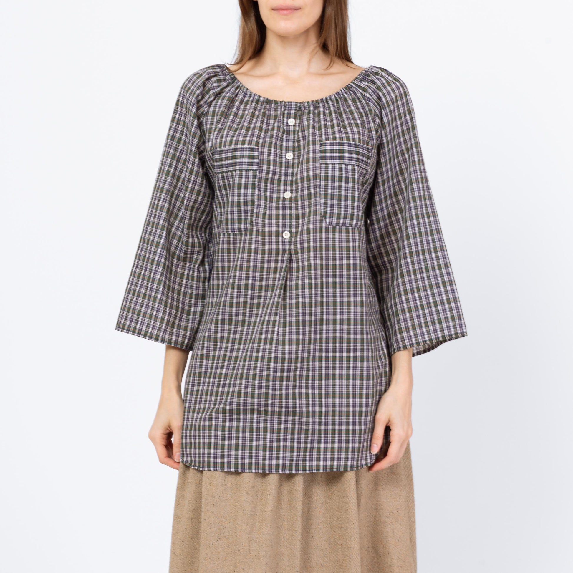 Vintage 70s Plaid Peasant Blouse - Medium | Boho Cottagecore 3/4 Sleeve Longline Top, Romantic Long Sleeve Blouse