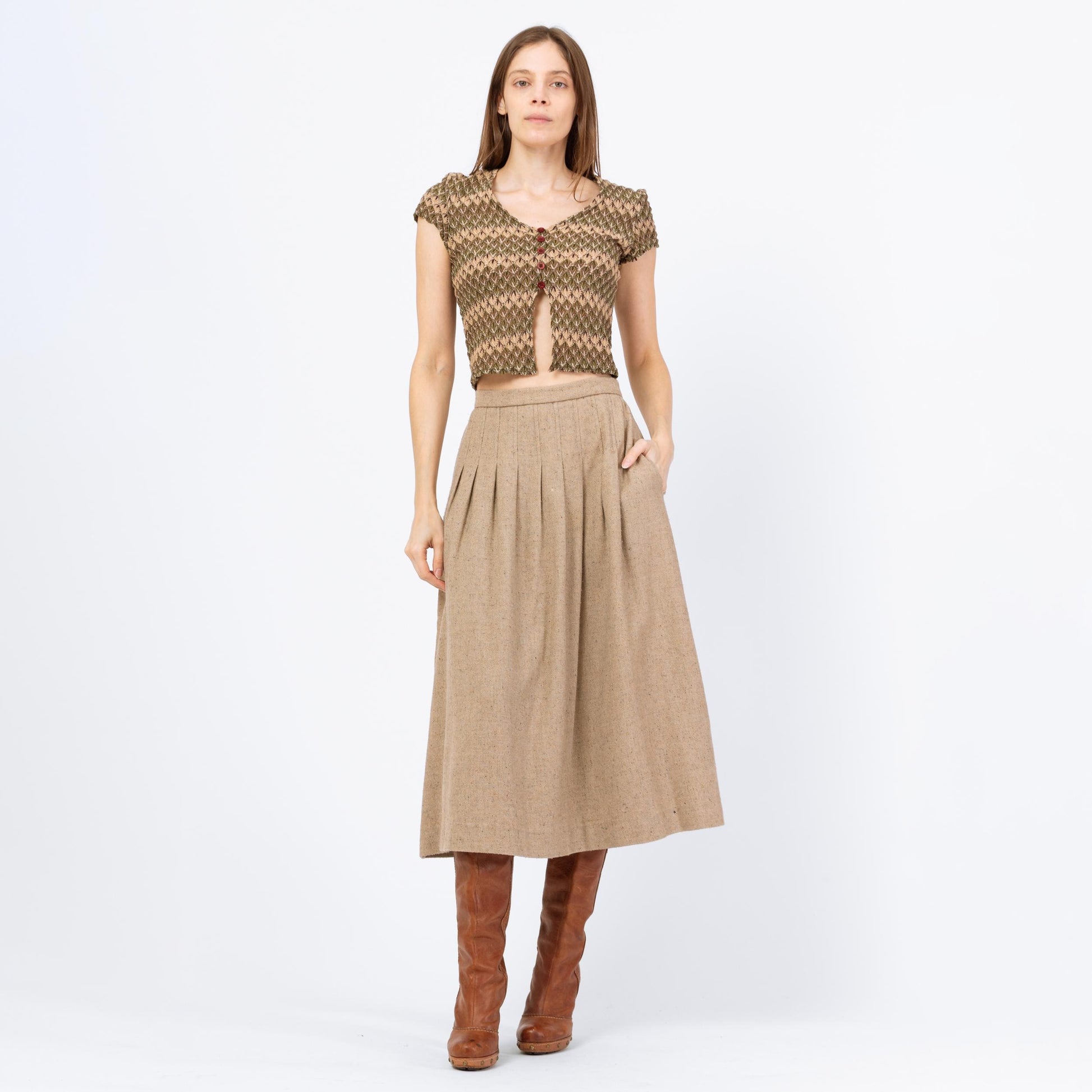 Vintage 70s Oatmeal Pleated Midi Skirt - Small, 26" Waist | High Waisted Light Academia Long Skirt