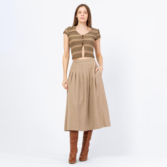 Vintage 70s Oatmeal Pleated Midi Skirt - Small, 26" Waist | High Waisted Light Academia Long Skirt