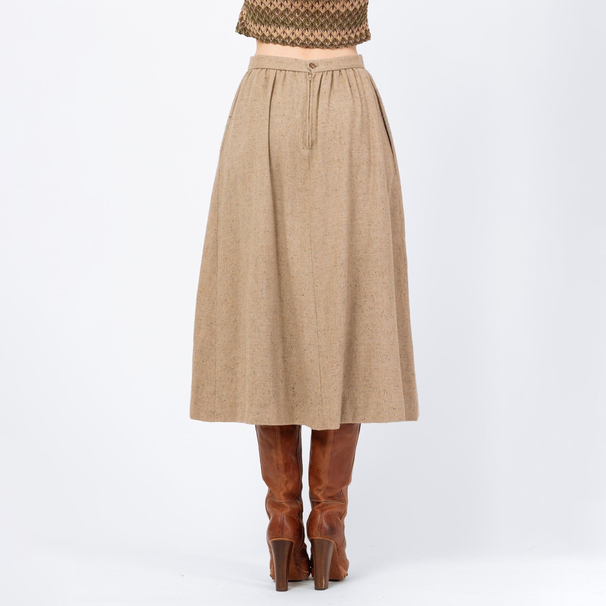 Vintage 70s Oatmeal Pleated Midi Skirt - Small, 26" Waist | High Waisted Light Academia Long Skirt