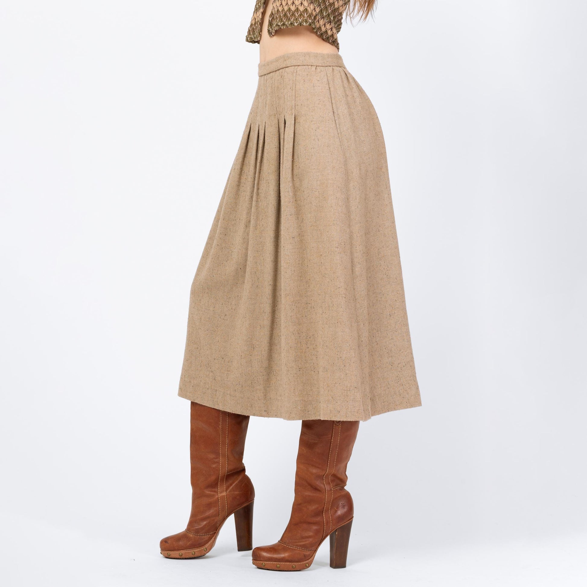 Vintage 70s Oatmeal Pleated Midi Skirt - Small, 26" Waist | High Waisted Light Academia Long Skirt