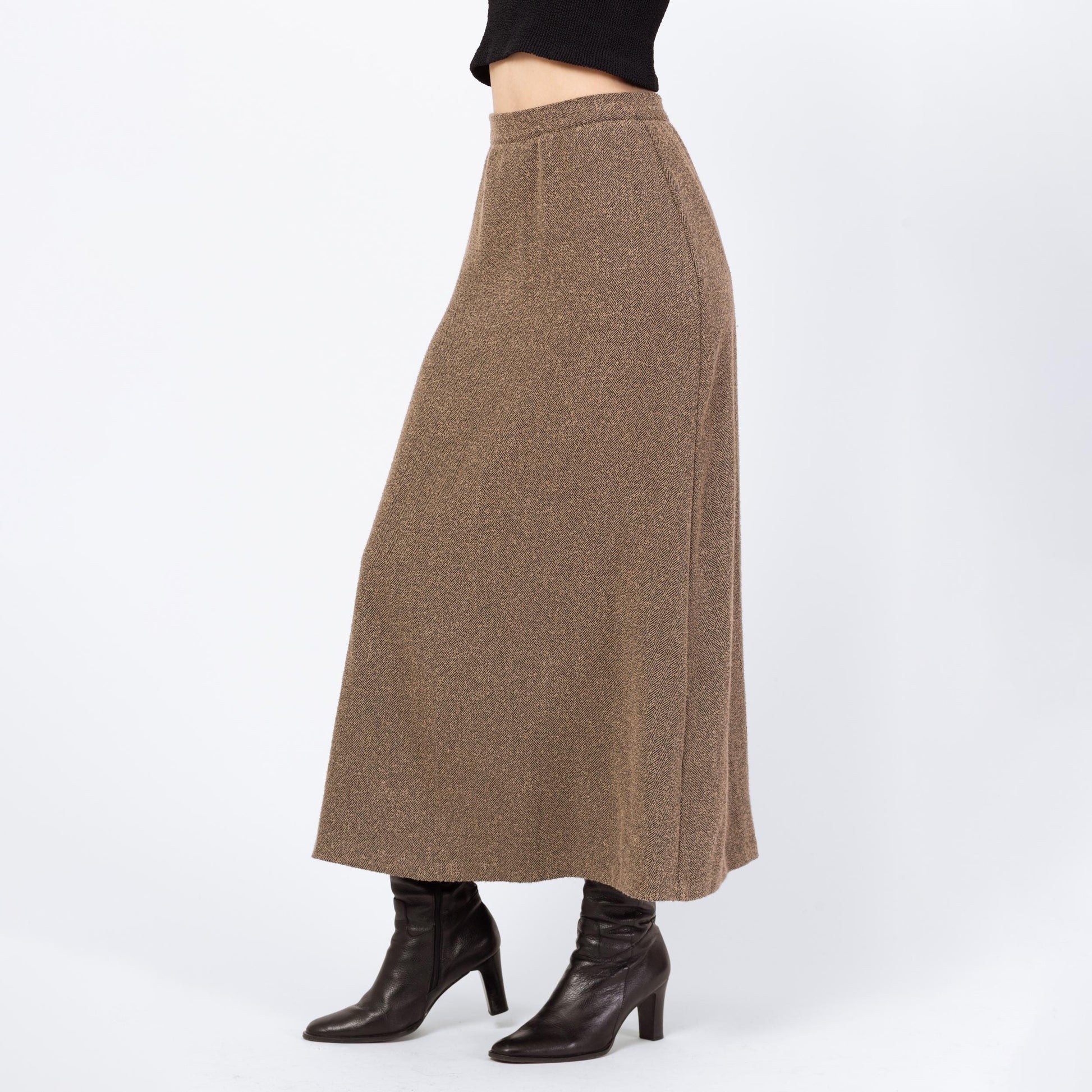 Vintage 80s Herringbone Knit Maxi Skirt - Small, 26" Waist | High Waisted Light Academia A Line Long Skirt