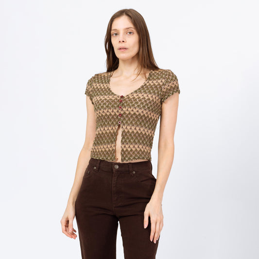 Vintage Y2K Flame Stitch Knit Split Front Crop Top - Small | Boho 2000s Olive Green Short Sleeve Cropped Blouse