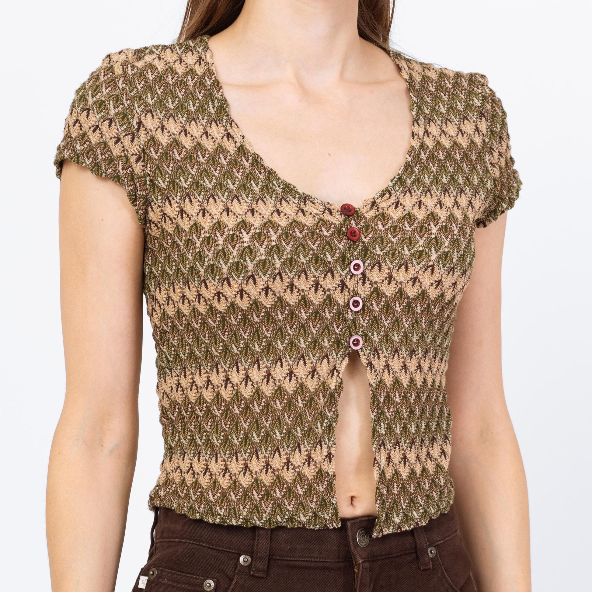 Vintage Y2K Flame Stitch Knit Split Front Crop Top - Small | Boho 2000s Olive Green Short Sleeve Cropped Blouse